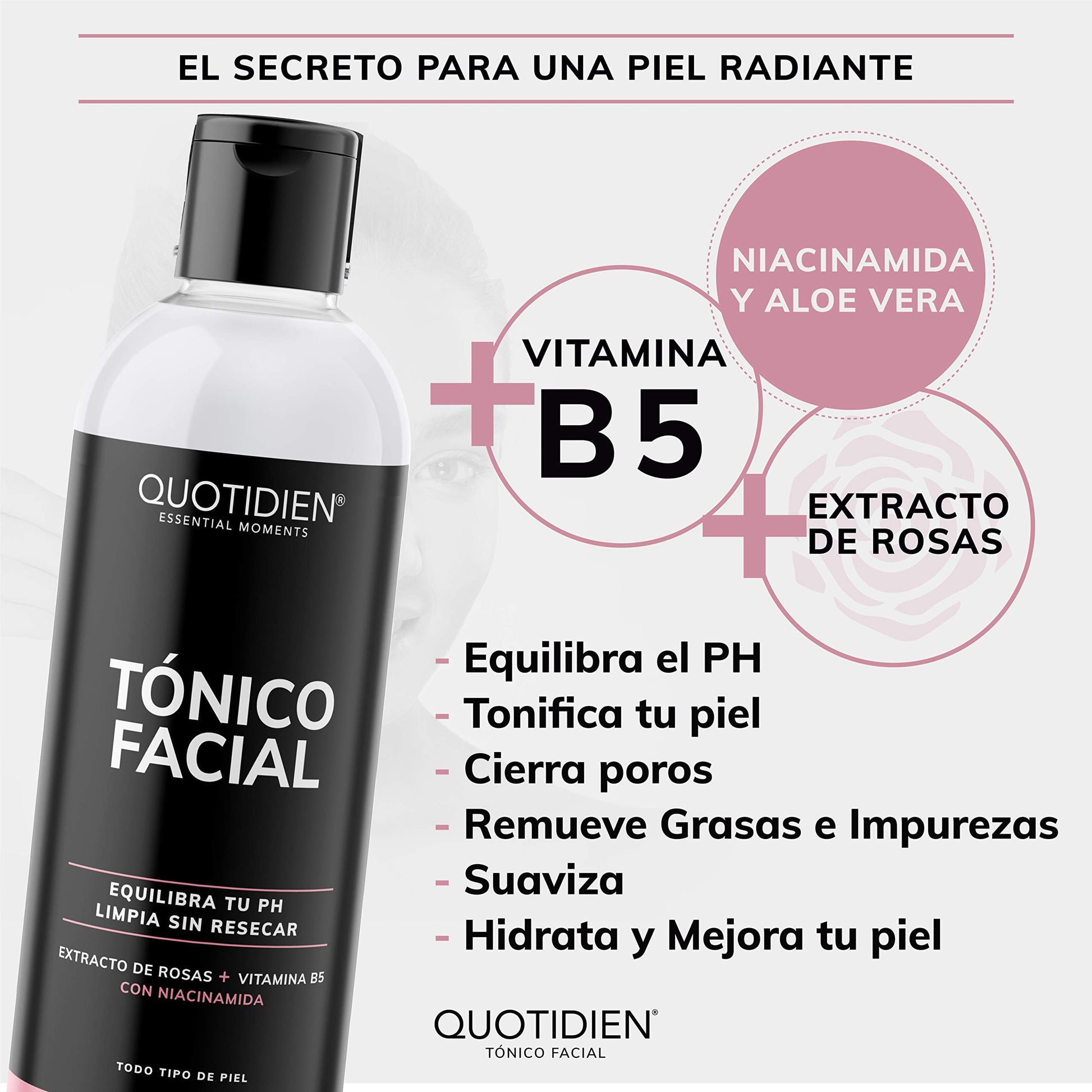 Quotidien Tónico Facial con Agua de Rosas + Vitamina B5 + Niacinamida- Sin Fragancia-Sin Alcohol Etílico-97% Ingredientes Naturales - Equilibra el PH , Limpia Sin Resecar, Suaviza e Hidrata- Mejora Tu Piel - Hidratación Facial - Ideal Para Todo Tipo de Pi