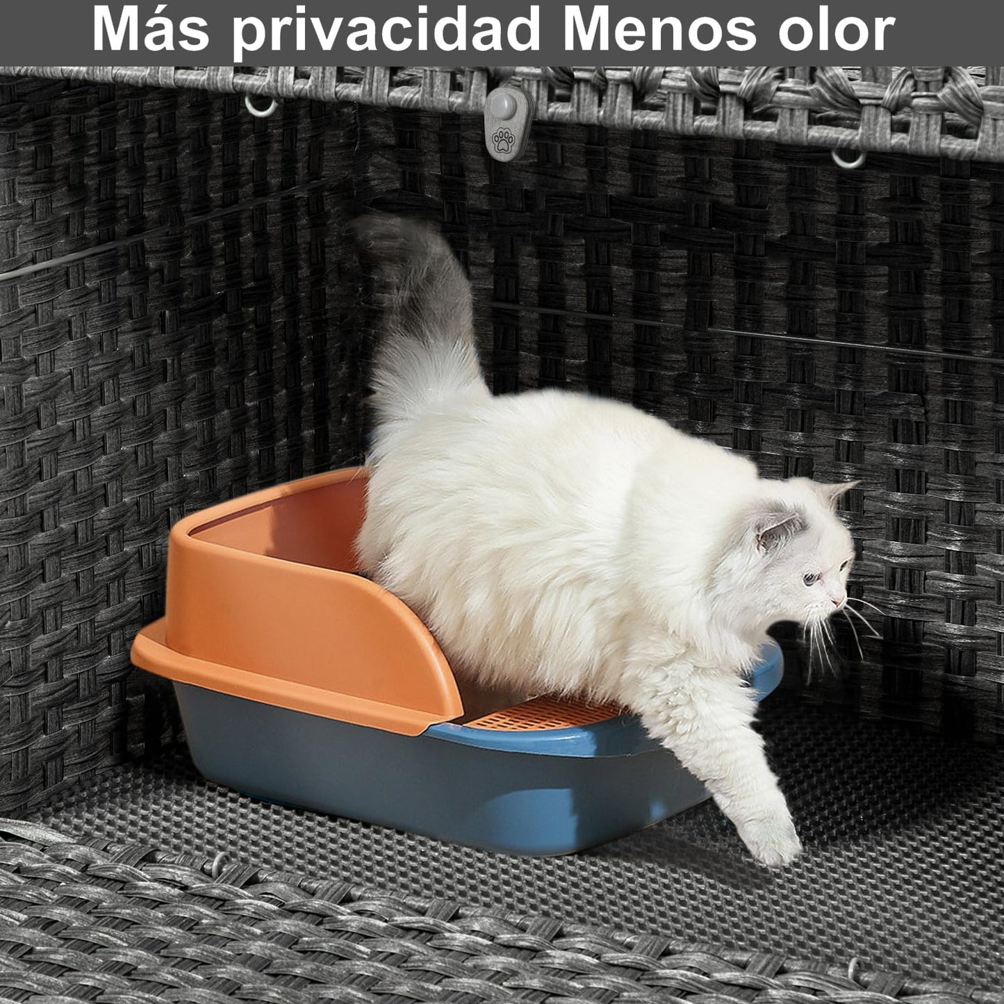 FABATO Arenero para Gato Grande Cerrado - Casa para Gatos Exterior - Puerta Lateral para tu Mascota - Mueble de Mimbre Ratán Tejido a Mano - Incluye Alfombrilla Suave (Gris)