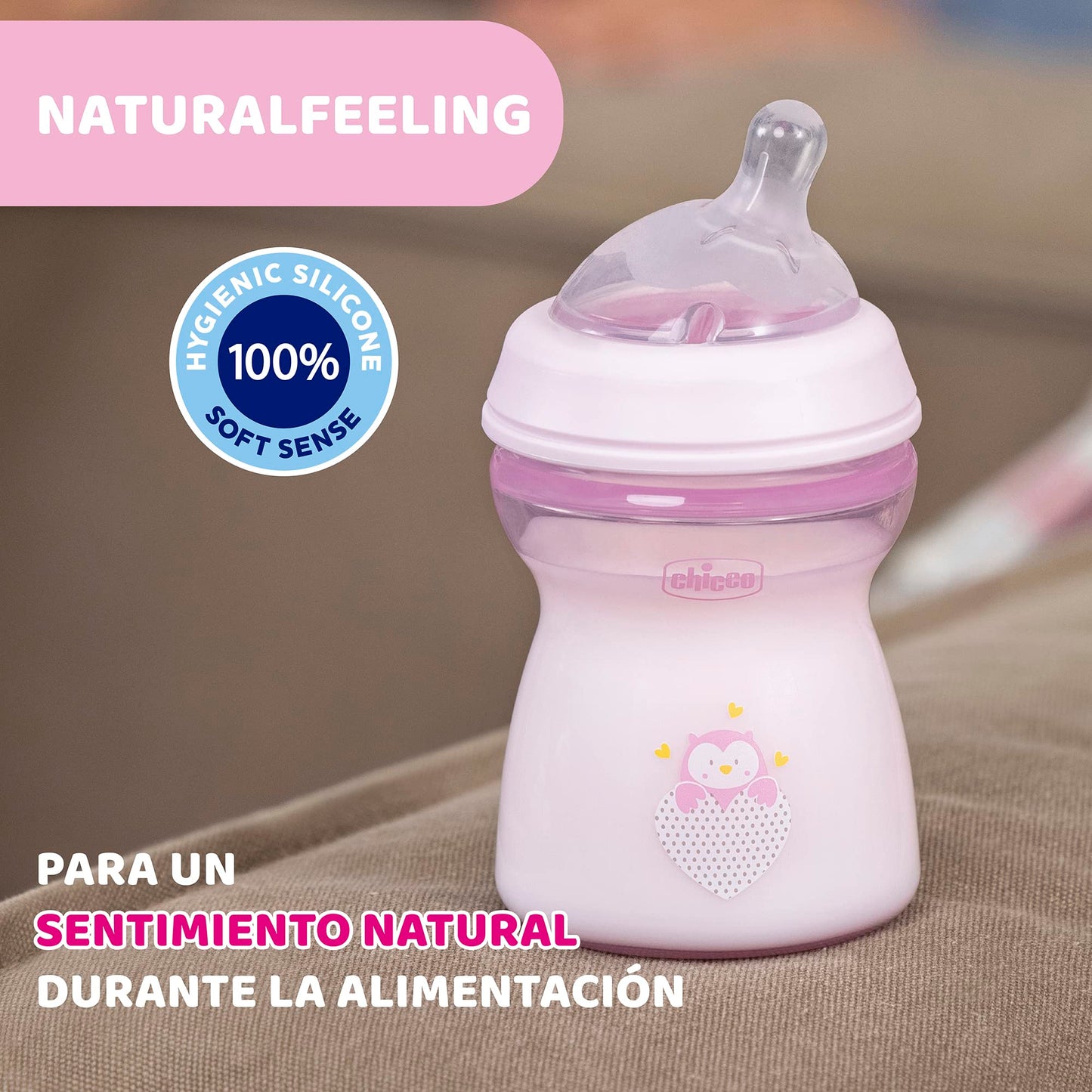 CHICCO, Biberón Natural Feeling, Color Rosa, 250 ml