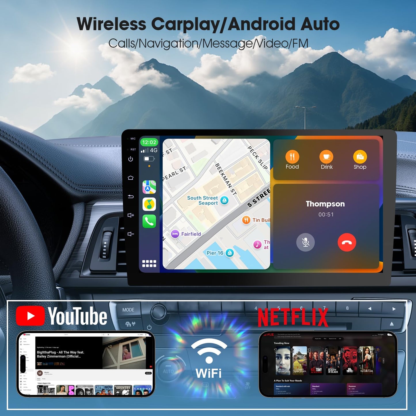 Estéreo inalámbrico de doble DIN para coche con Apple CarPlay/Android Auto, visualización Carplay para coche, control de voz con cámara de respaldo, Bluetooth, navegación, enlace de espejo (9 pulgadas