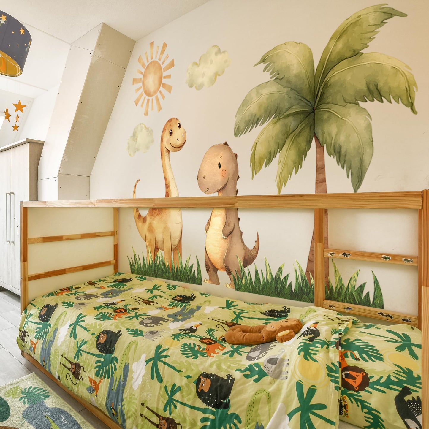 Calcomanías de pared extragrandes de dinosaurio, diseño bohemio de palmera, diseño de dinosaurio, para decoración de habitación, decoración de pared, para bebé, cuarto de niños, sala de juegos