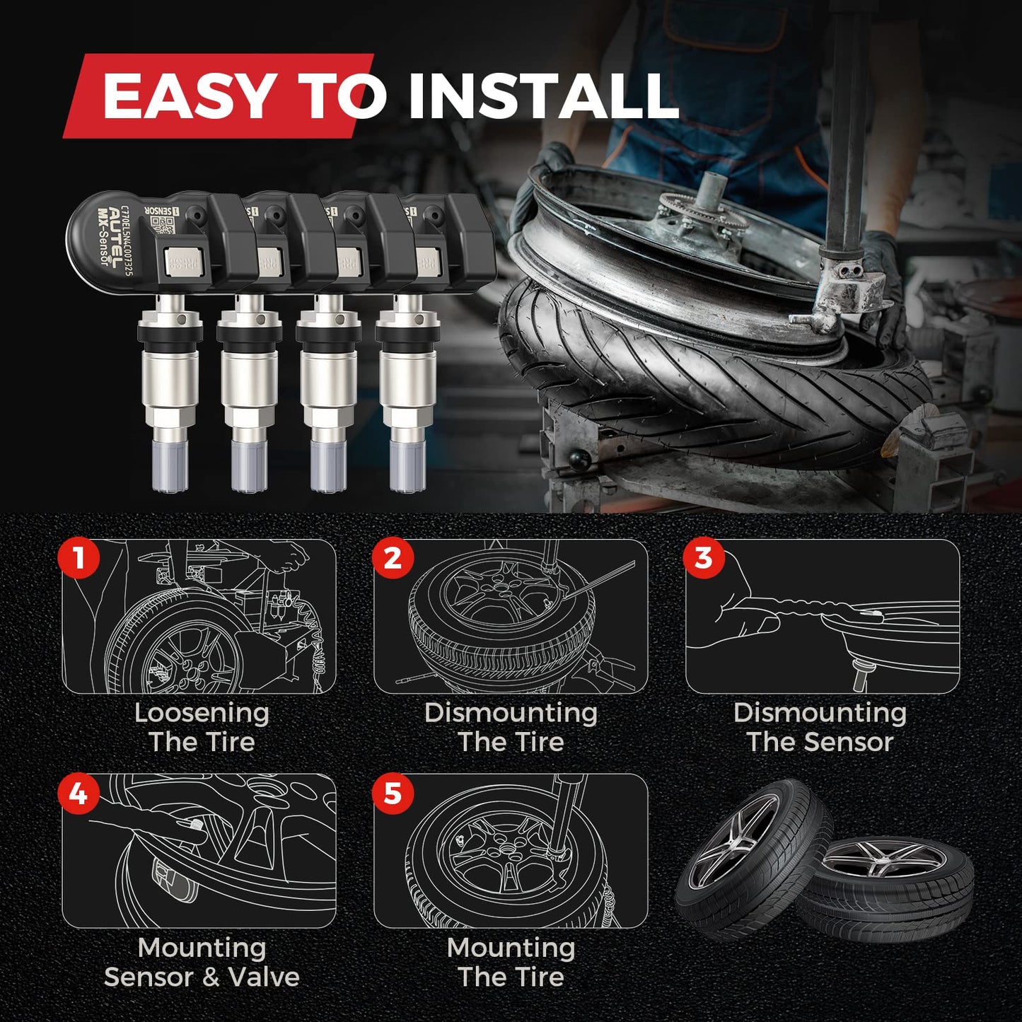 Autel - Sensores TPMS universales programables (315 MHz + 433 MHz) especialmente diseñados para el reemplazo de sensores OEM (válvula de metal atornillado)