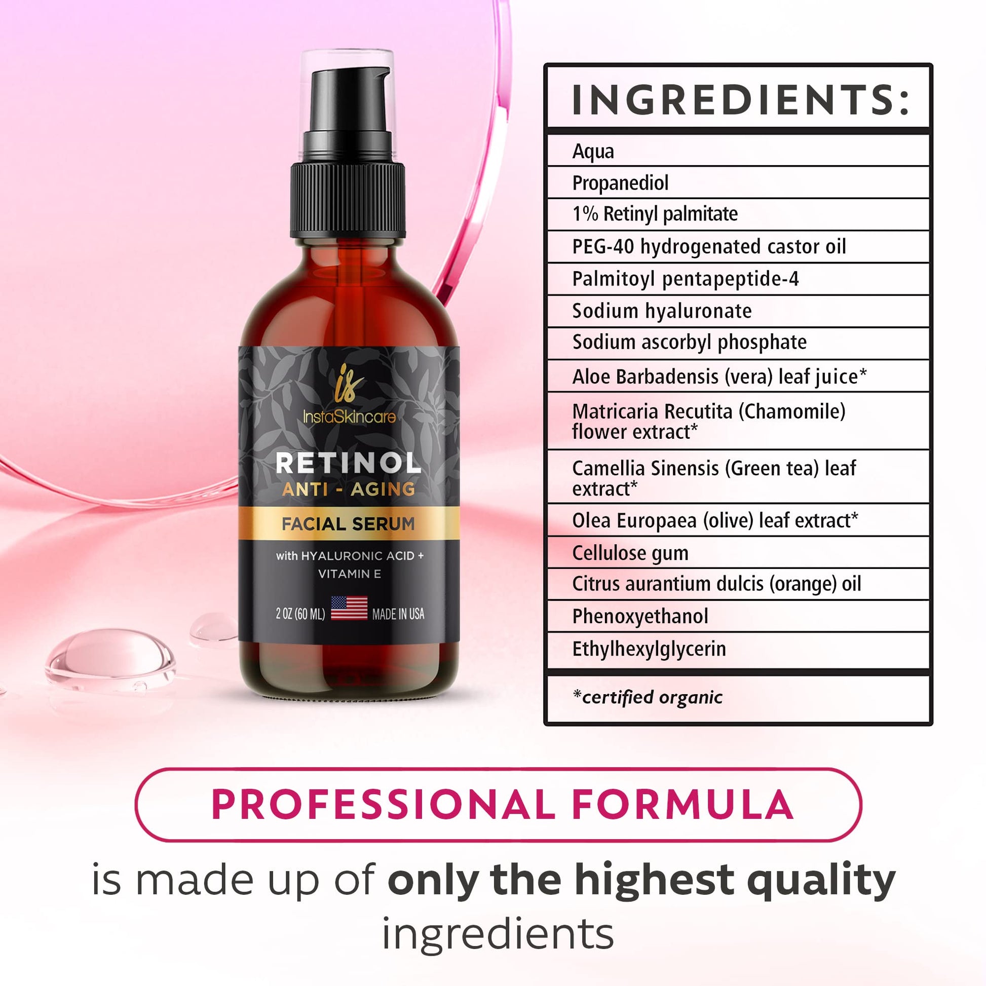Retinol serum for skin (2oz) with Hyaluronic Acid + Vitamin A and E + Aloe Vera Anti aging moisturizer - Fade Dark Spots - Clinical Strength Formula