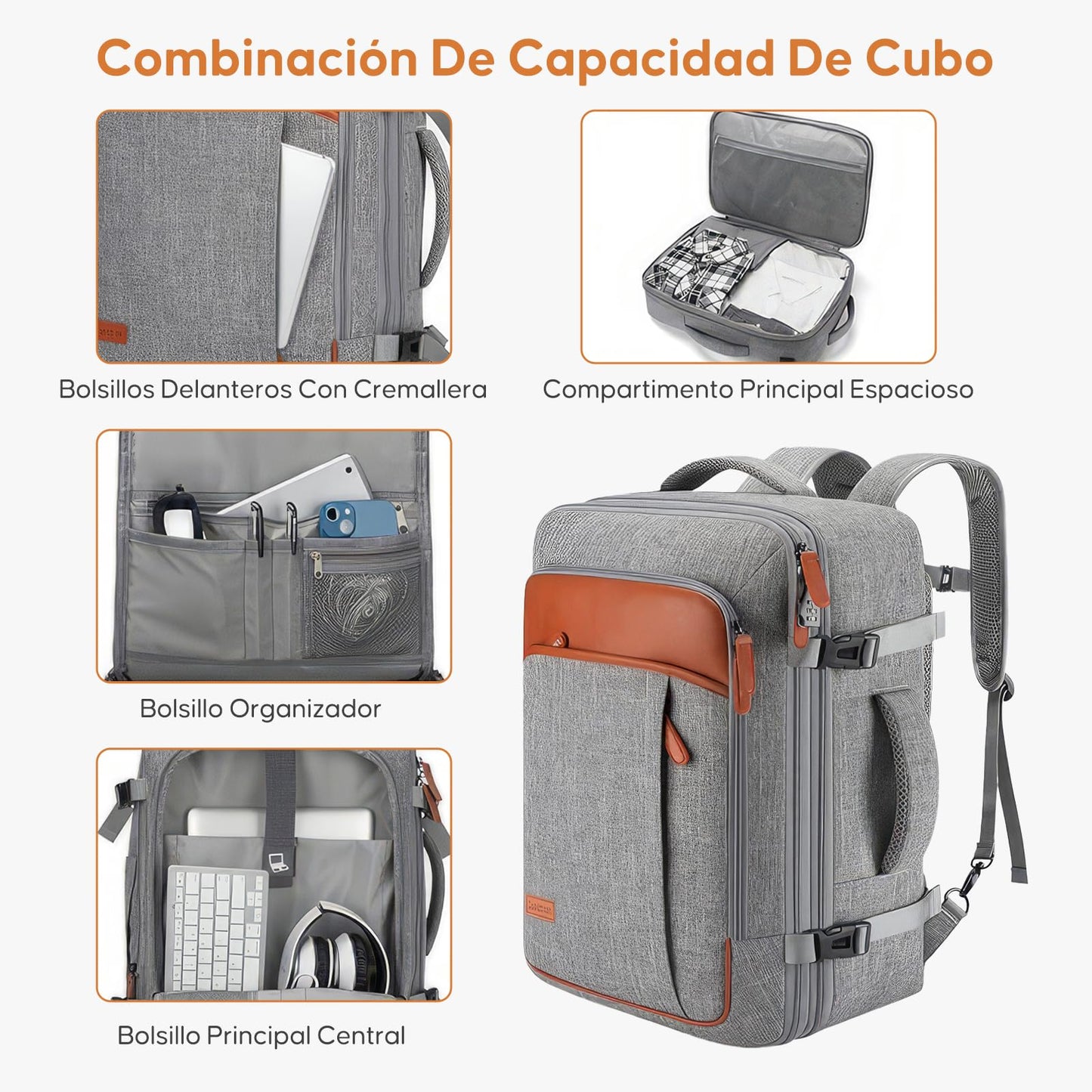 Mochila de Viaje 40L Avion Gris Resistente al Agua con Cubos de Embalaje para Hombres y Mujeres