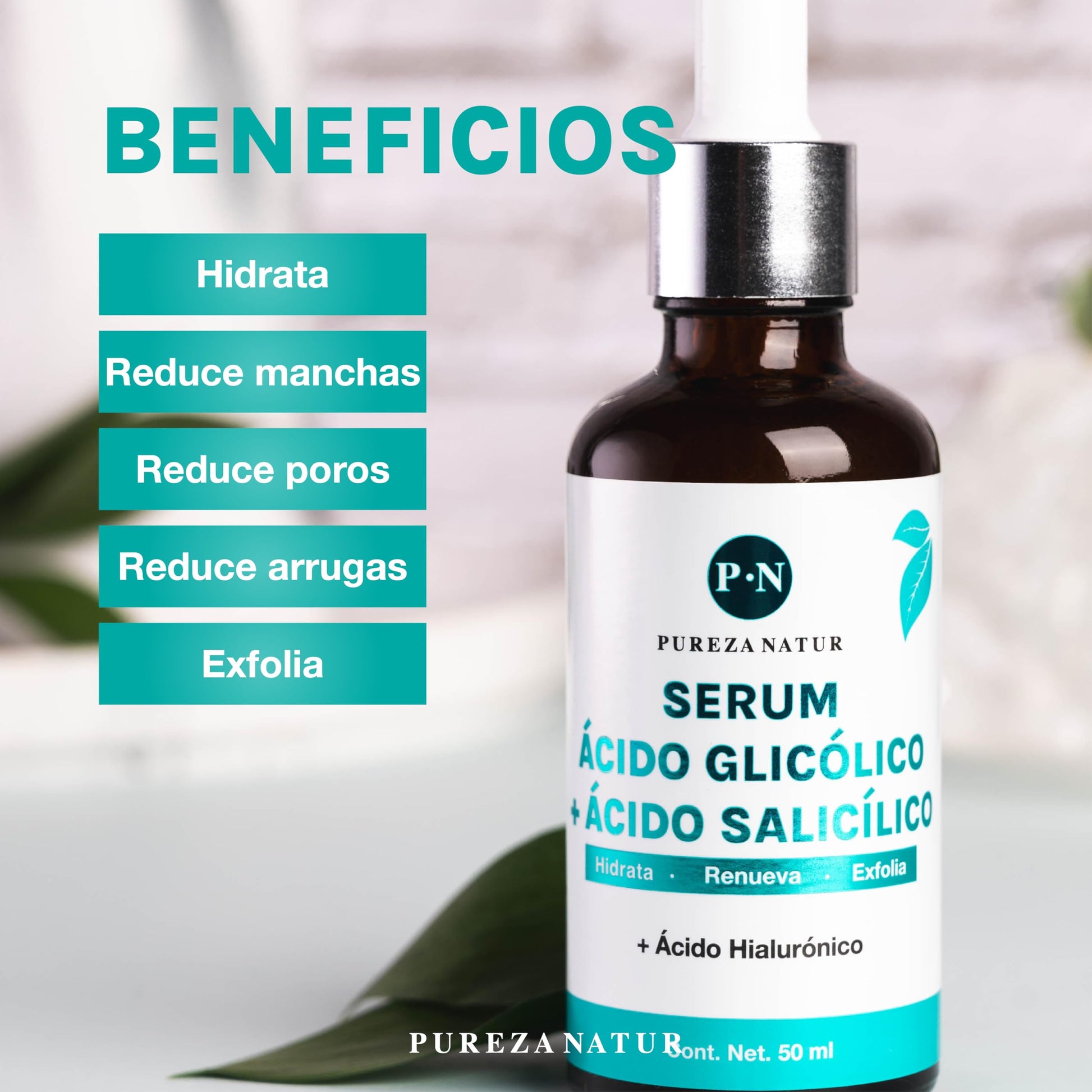 PUREZANATUR Serum facial Ácido glicólico + Salicílico hidratante 50ml | Suero antiedad con AHA, BHA, Acido hialurónico reductor de sebo skincare