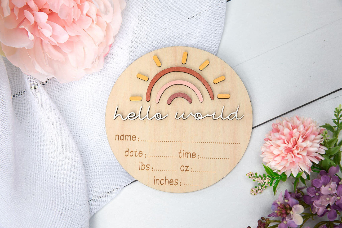 Hello World Sunshine Rainbow - Anuncio de nombre y medidas para bebé recién nacido en el hospital, nacimiento, embarazo, baby shower regalo