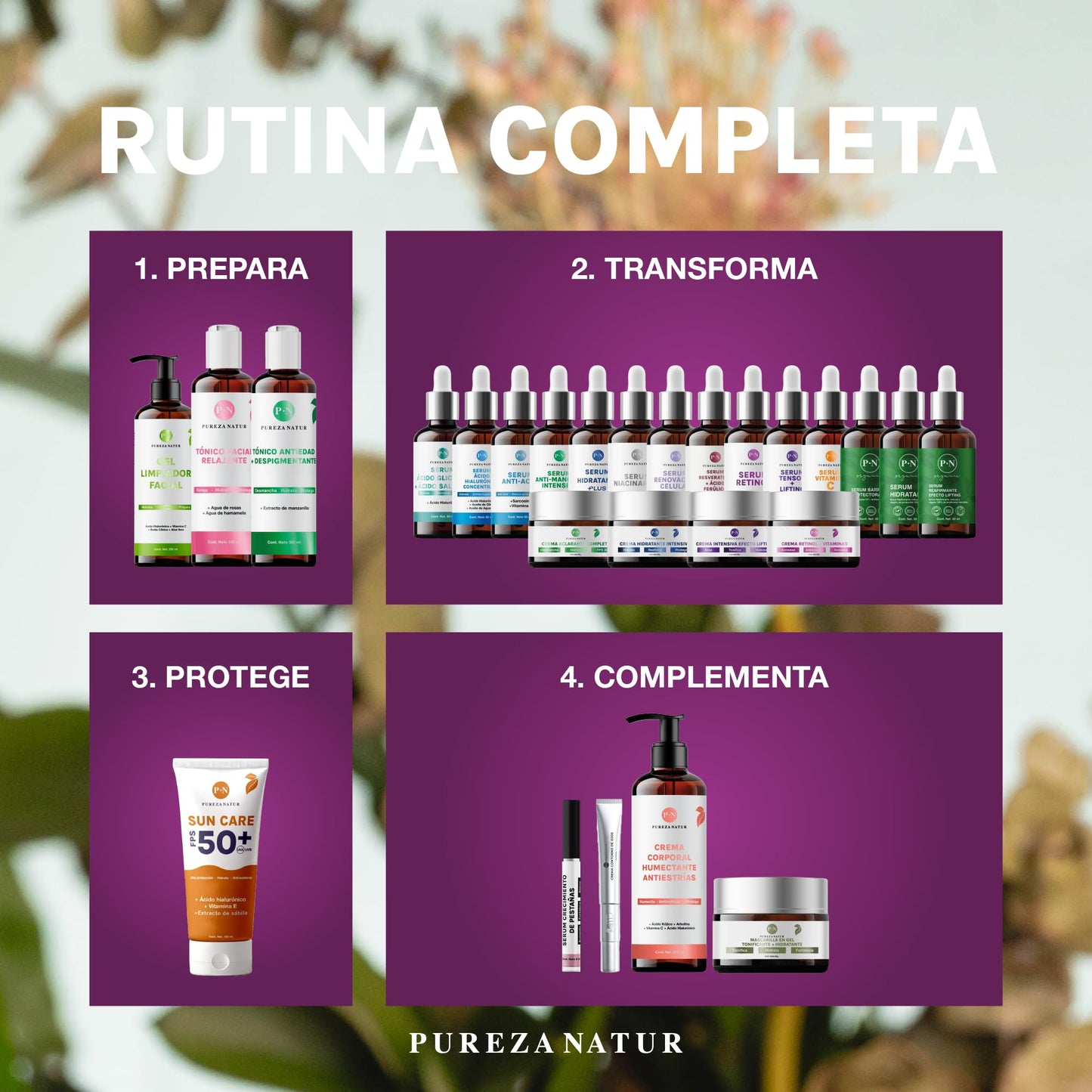PUREZA NATUR Kit Serum facial Acido Hialurónico, Vitamina C y Retinol anti edad | Paquete completo de serum para el cuidado de la piel, hidratación y rejuvenecimiento (Kit AH + Retinol + Vit C)