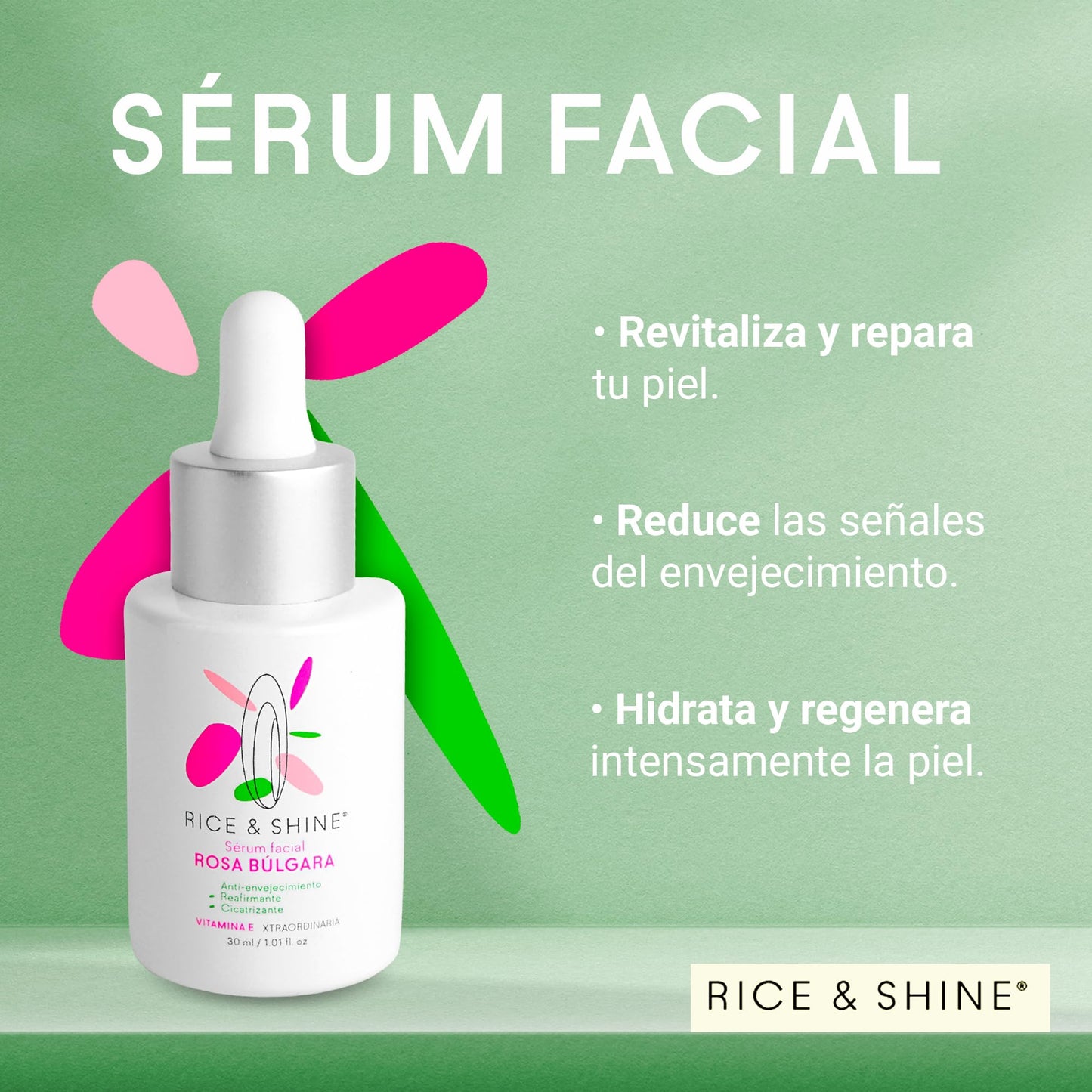 RICE & SHINE | Serum Acido Hialuronico y Rosa Búlgara | Con 60% más Vitamina E que el Aceite de Argán - 100% Natural | Hidratante Facial | Skincare