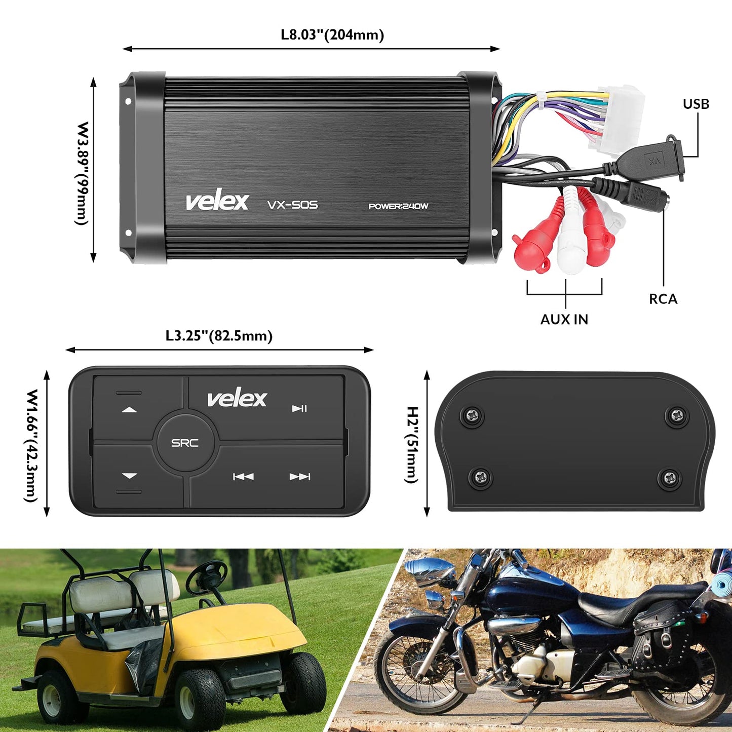 Amplificador Bluetooth Marino VELEX Impermeable 4 Canales para Barco, Golf y Motocicleta