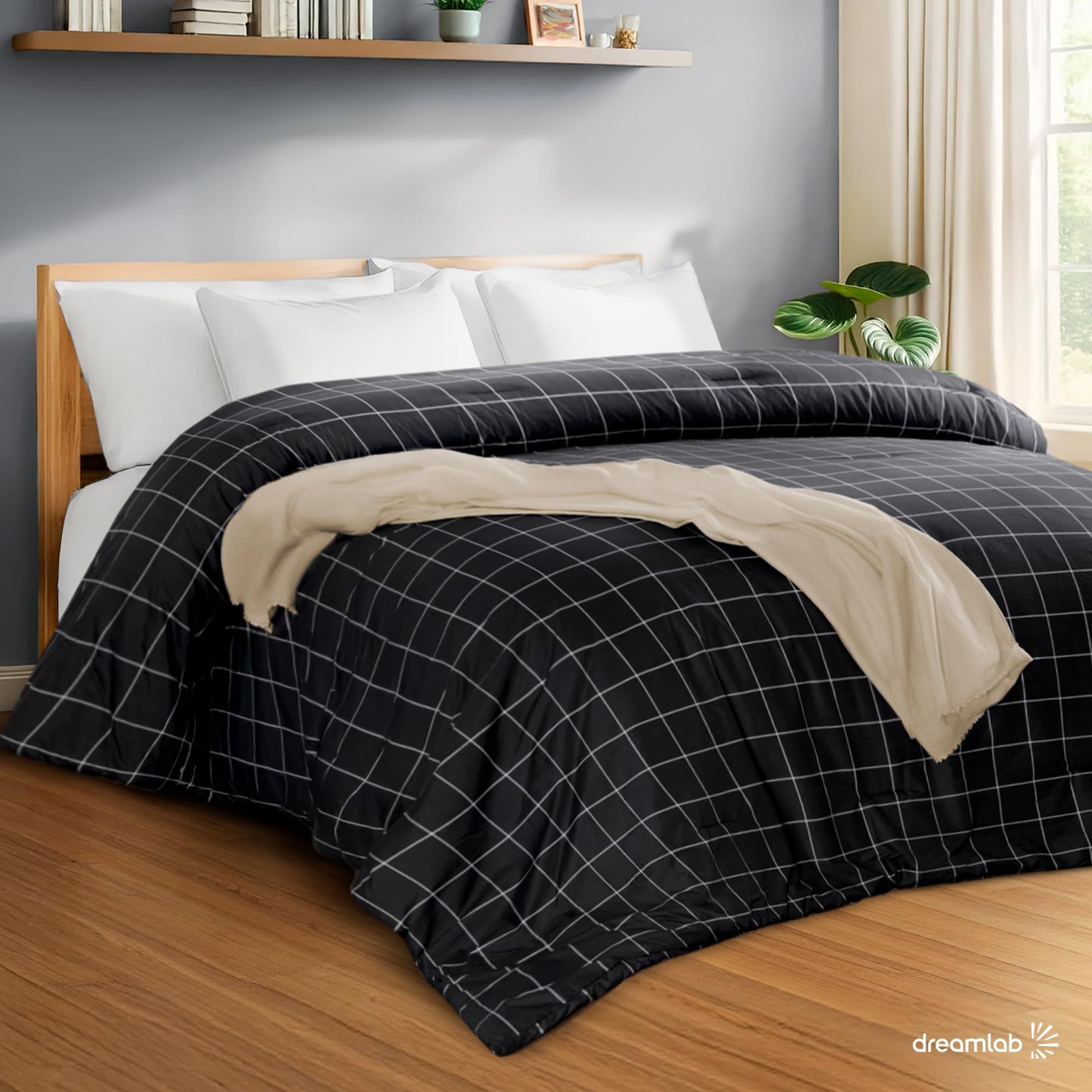 Dreamlab Edredón Acolchado para Toda Estación. Relleno de Microfibras Recubiertas con Gel. Lavado a Máquina. Usar como Edredón o con Duvet.Hipoalergénico.(Cuadros Grafito/Blanco,King Size 259x223cm)