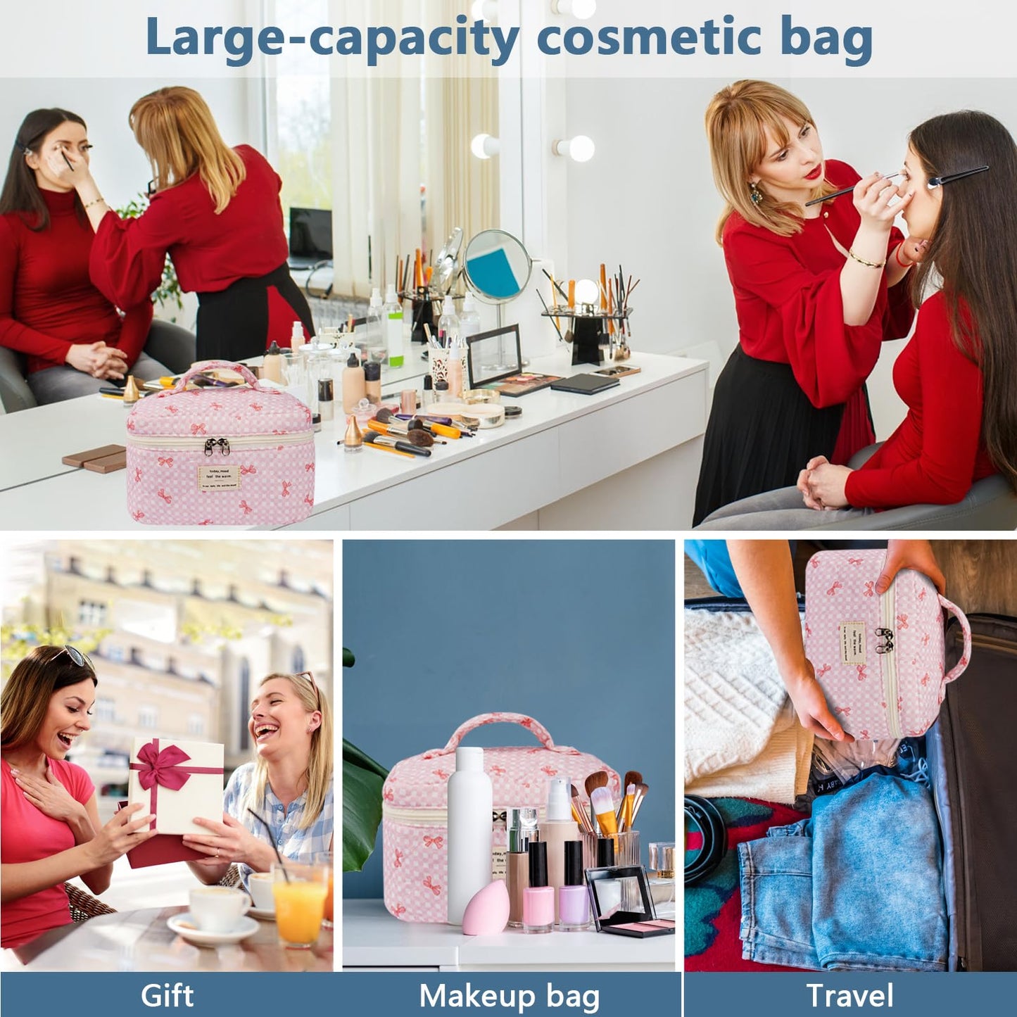Gosect - Bolsa de maquillaje grande, bonita bolsa de cosméticos para mujeres y niñas, bolsa de aseo estética de coqueta floral, bolsa organizadora de maquillaje de viaje, 078Pink Butterfly, 16 cm x 16