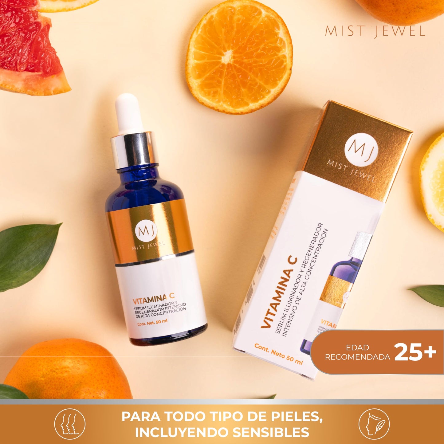 MIST JEWEL Suero vitamina C + Acido hialuronico + VIt E facial + Rosa mosqueta hidratante y protector piel | Serum con Efecto reparador y protector anti manchas cutis