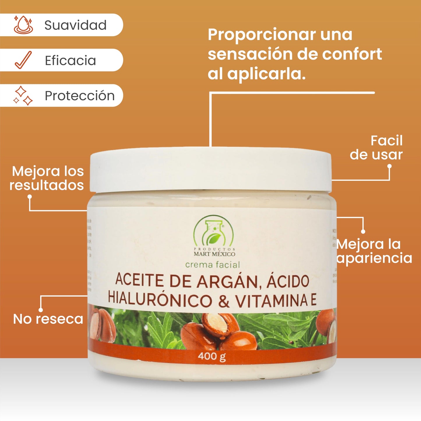 Crema Facial Antiarrugas de Argán, Ácido Hialurónico & Vitamina E Piel Renovada Productos Mart Mexico 400 Grs