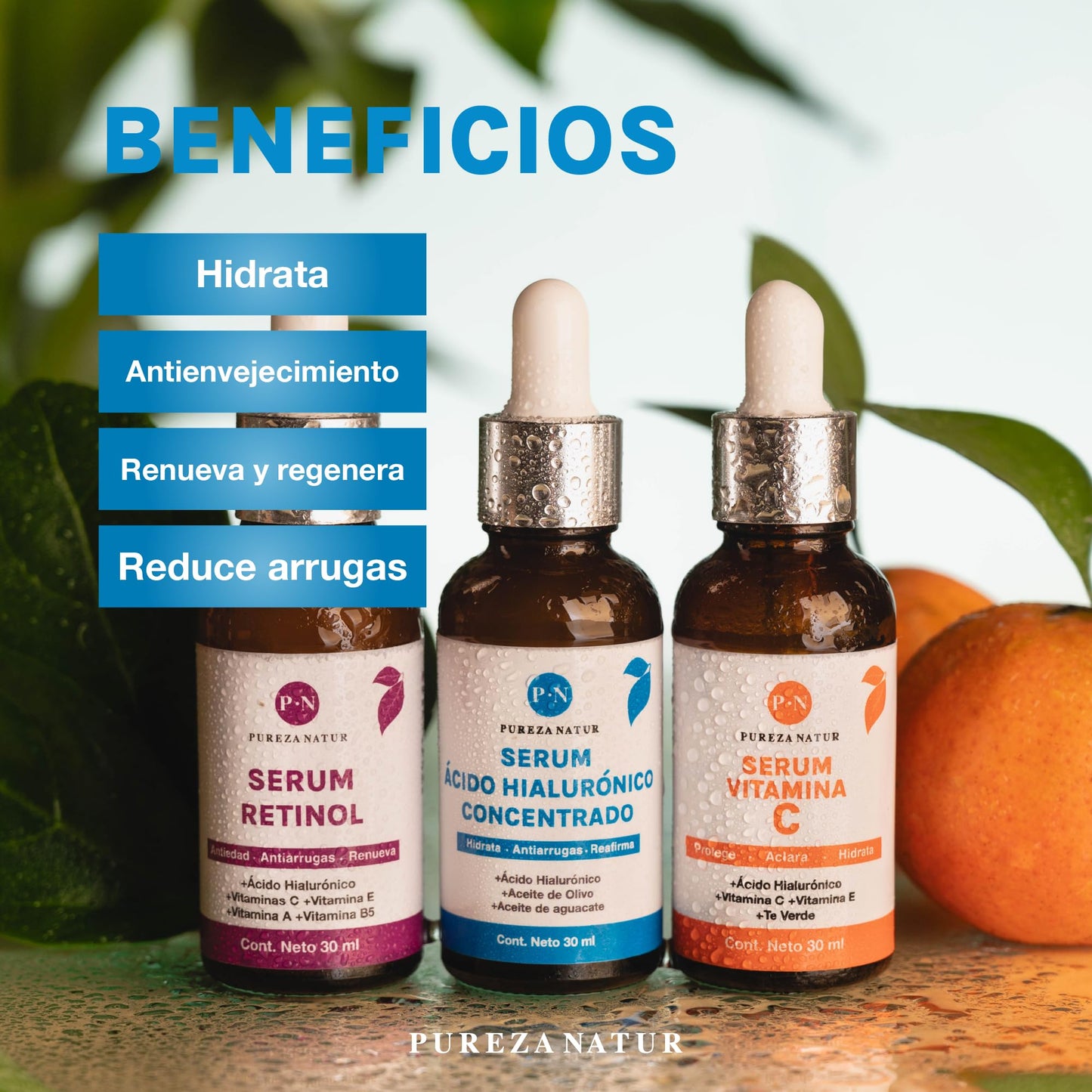 PUREZA NATUR Kit Serum facial Acido Hialurónico, Vitamina C y Retinol anti edad | Paquete completo de serum para el cuidado de la piel, hidratación y rejuvenecimiento (Kit AH + Retinol + Vit C)
