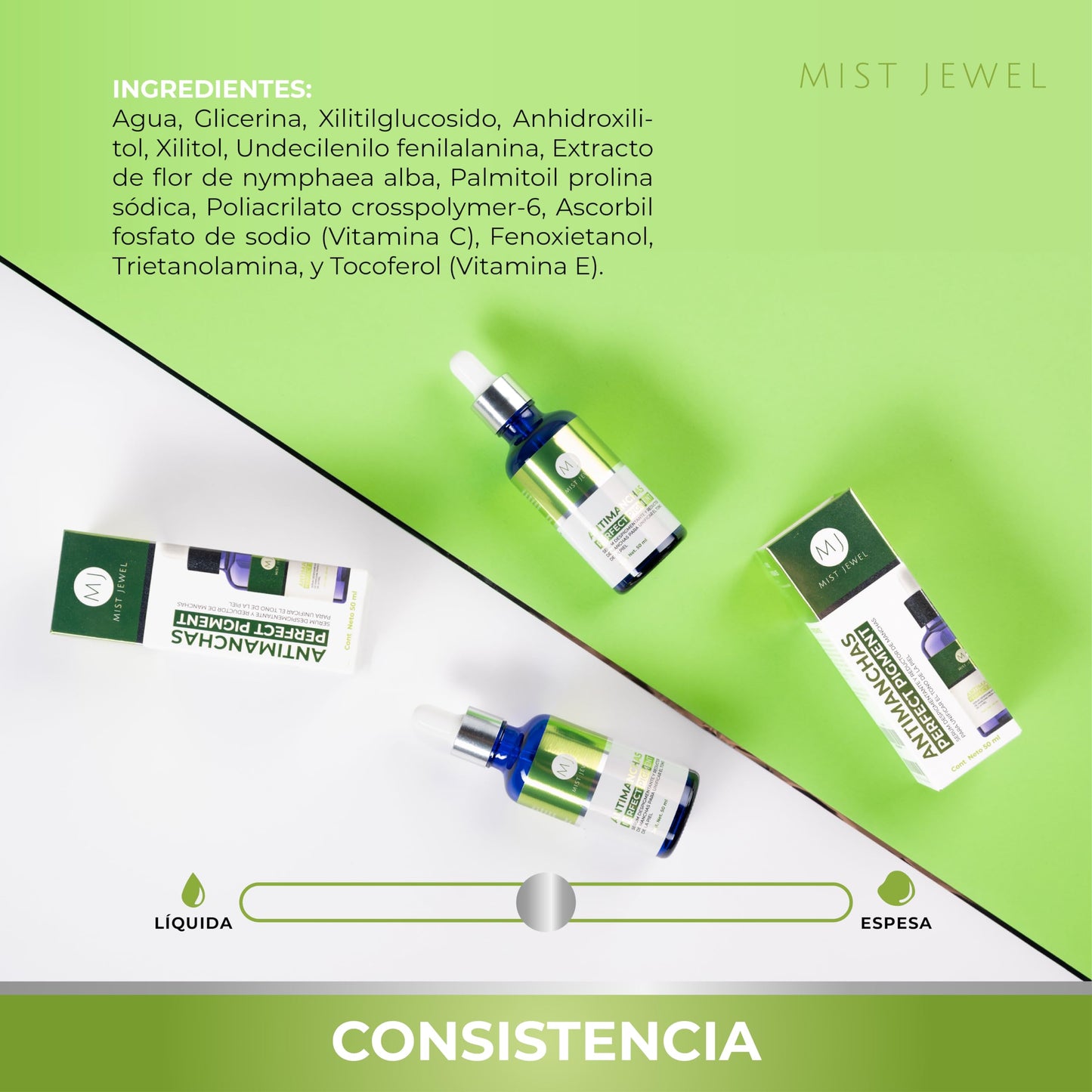 MIST JEWEL | Serum reductor de pigmentacion aclarador para manchas faciales en la piel, Suero facial antimanchas adicionado con vitamina C y E para unificar el tono y reducir hiperpigmentación 50ml