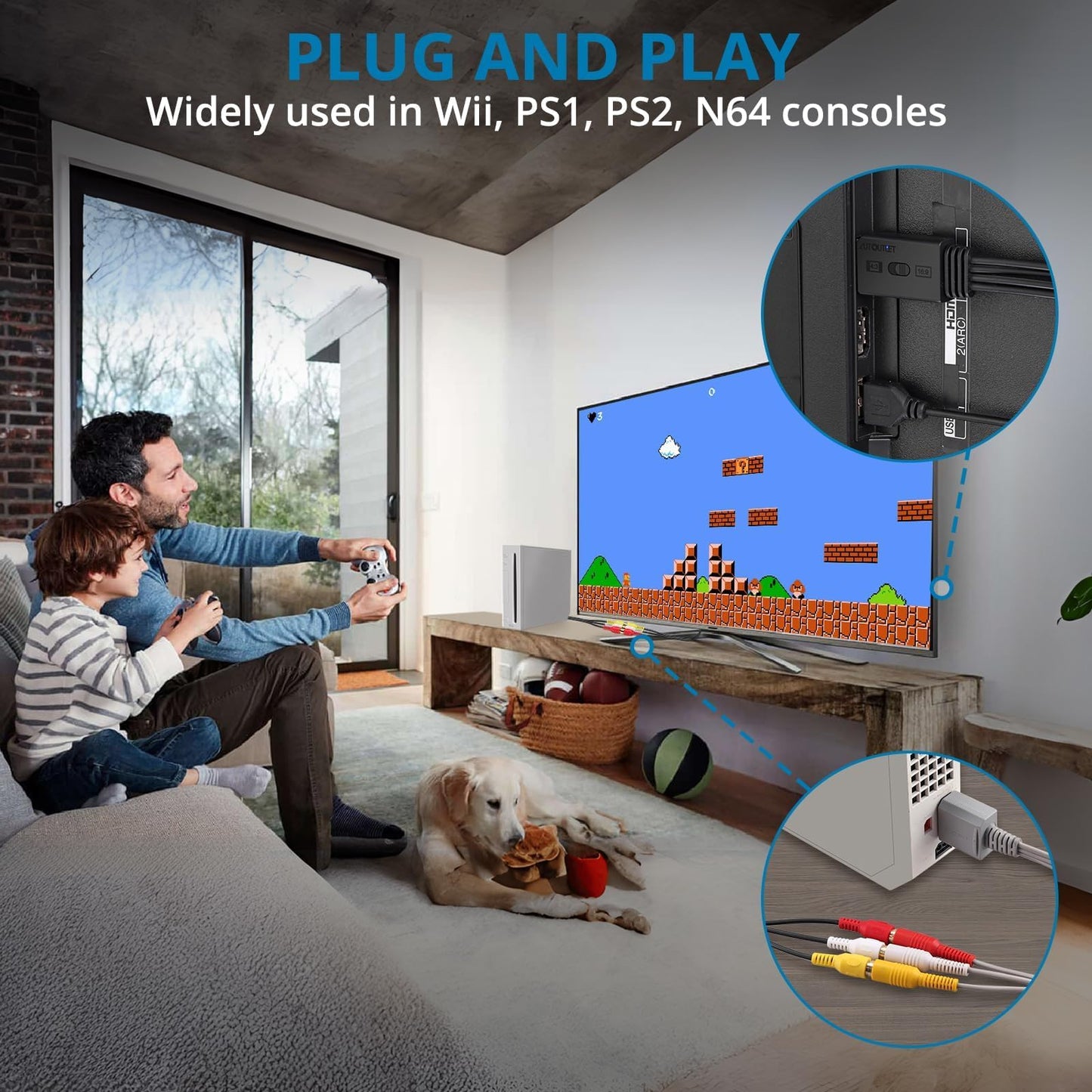 AUTOUTLET Convertidor RCA a HDMI, adaptador AV a HDMI 1080P compatible con conversión 16:9/4:3 y PAL/NTSC, adaptador de audio de vídeo RCA con cable RCA hembra de 60 cm para Wii, PS1/PS2, Xbox, N64