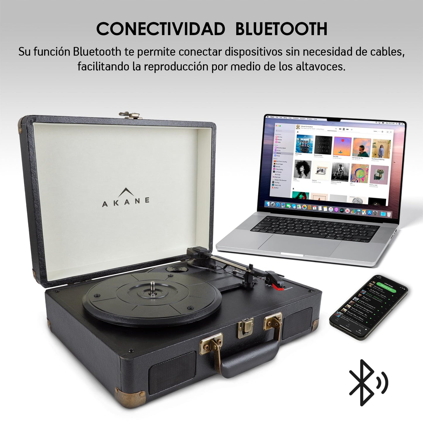 Akane Tocadiscos Vinyl Bluetooth Portátil con Bocinas Estéreo Integradas, Diseño Vintage de Maletín, Puerto USB, Salida de Audífonos y RCA, Entrada Auxiliar, Tornamesa para Vinilo de 3 Velocidades