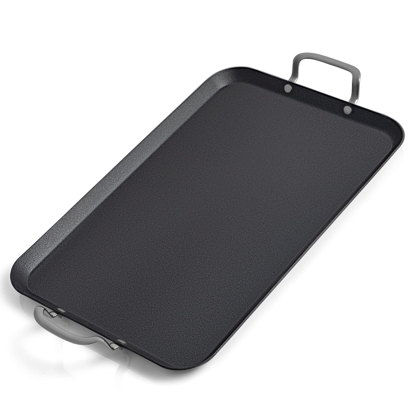 Chef's Secret - Plancha antiadherente de acero inoxidable para estufa, doble quemador, sartén para panqueques con parte superior plana, asas laterales remachadas, bordes de labios elevados, 18 x 11.25