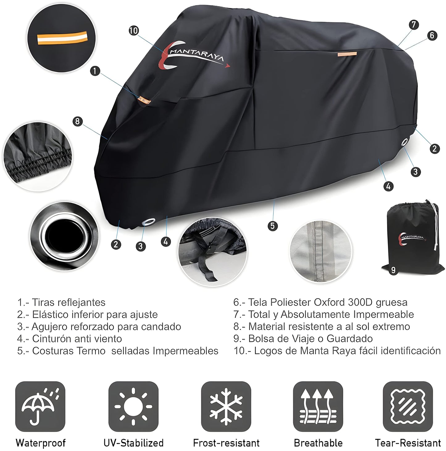 Manta Raya Funda Premium para Motocicleta Moto en Varios Tamaños Protección con Costuras Termo Selladas 100% Impermeable Compatible con Todas Las Marcas (M Scooter)