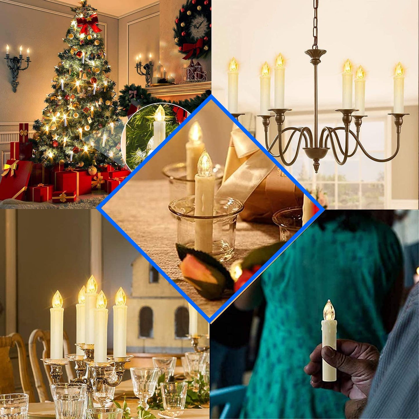 HANNAHONG - 10 velas LED sin llama con control remoto, mini cera falsa eléctrica, regulable, funciona con pilas, clips de ventanas para candelabro, corona, decoración de Navidad