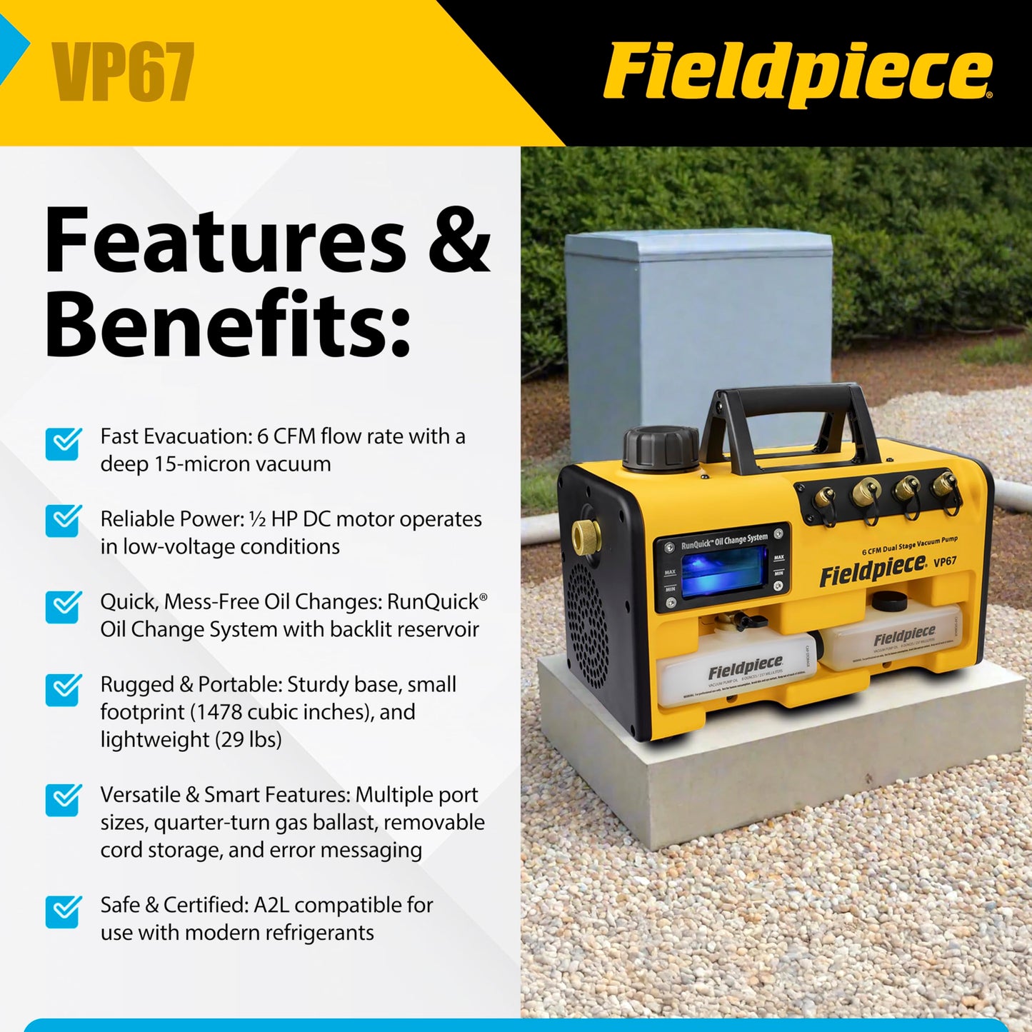 Fieldpiece VP67 - Bomba de aspiradora - 6 CFM, motor CC de 1/2 HP, sistema de cambio de aceite RunQuick - Portátil - Herramienta profesional HVAC - Compatible con A2L
