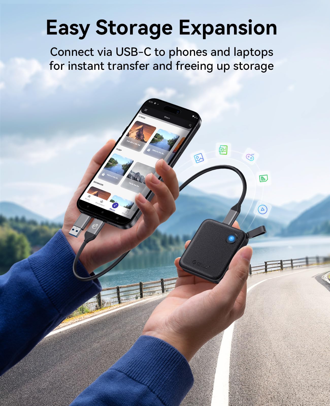Unidad de Estado Sólido ORICO SSD Portátil 512GB USB C 2 en 1 Velocidad 460 MB/s para Smartphone, Tablet y PC