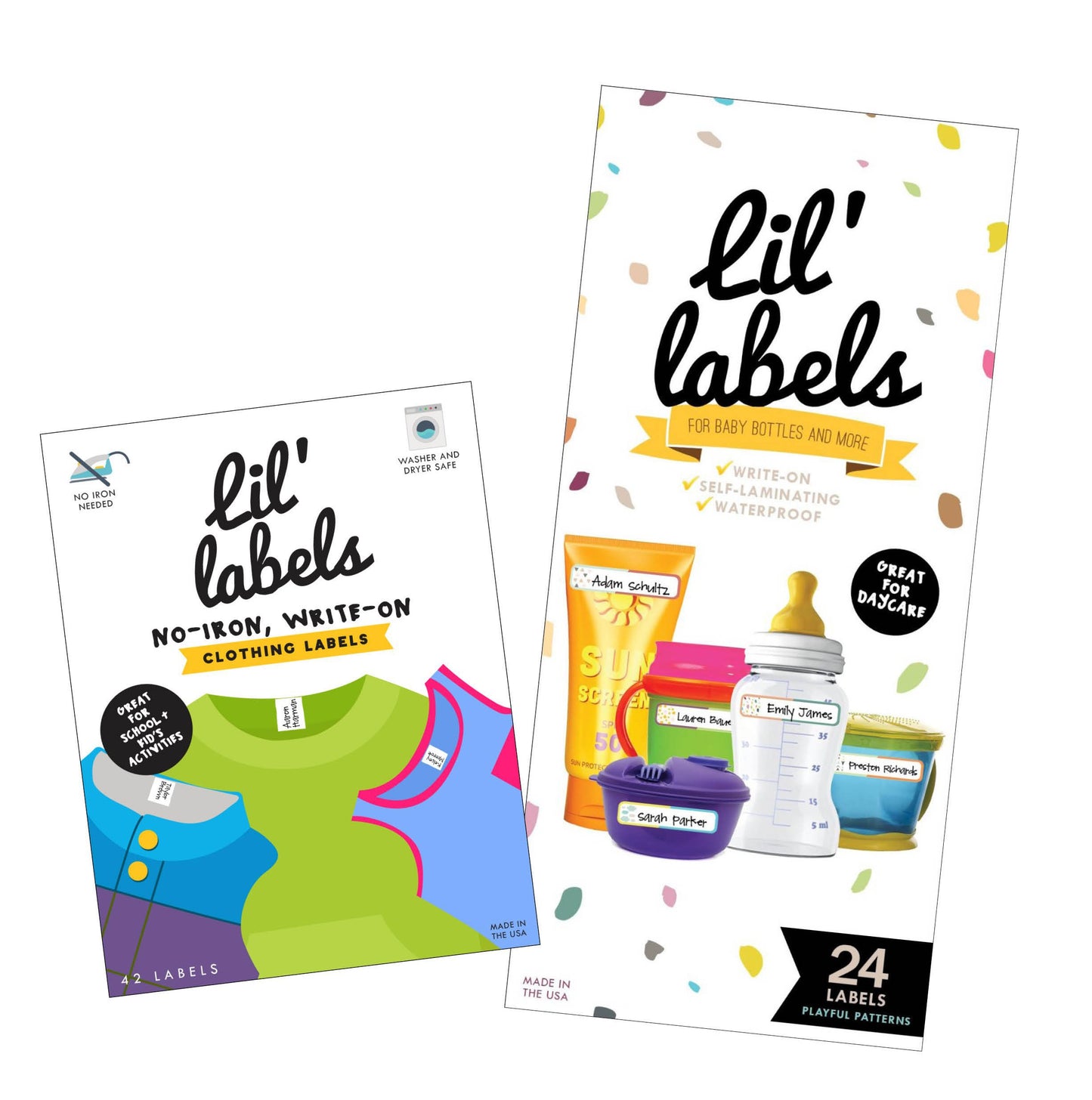 Lil' Labels Daycare Value Pack Write on Name Labels, Waterproof, Baby Bottle Labels (Playful Patterns) & Clothing Labels, Plus 2 Bonus Gifts