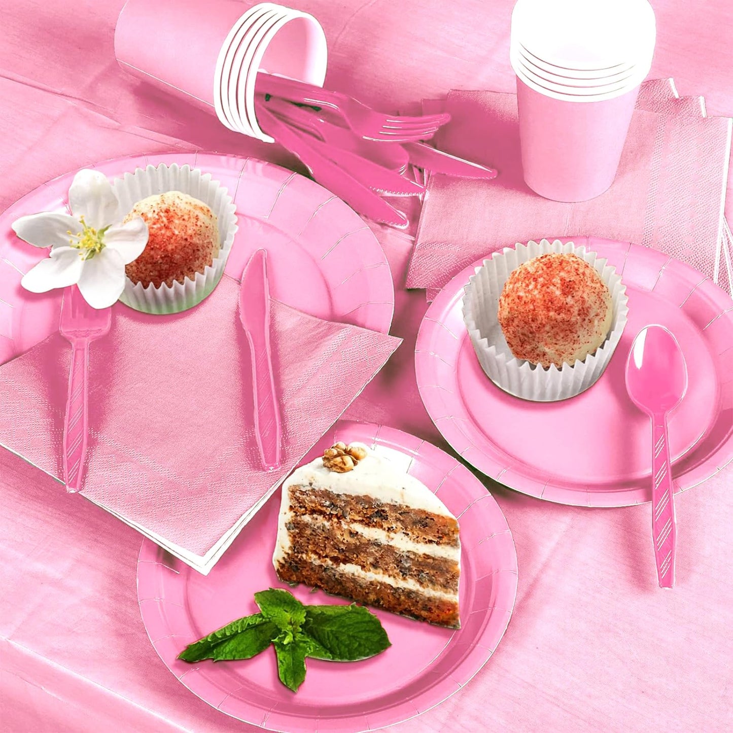 Juego de vajilla de fiesta, platos x 40, tazas x 20, servilletas x 20, cuchillos, tenedores y cucharas x 20, manteles 2 uds, Adecuado para bodas y fiestas de cumpleaños otras celebraciones (Rosa)