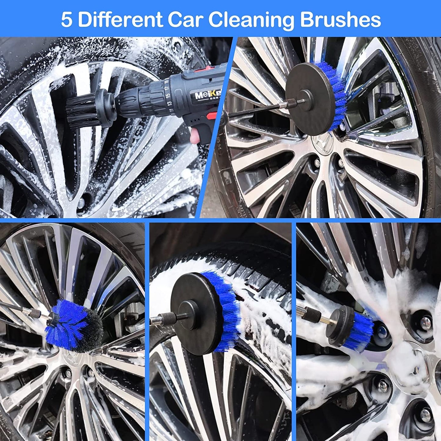 Korins Juego de Cepillos para Limpieza de Coches, 27PCS Kit de Cepillo de Limpieza de Llantas de Coche, Juego de Cepillos para Taladro, Kit de Lavado para Interior, Exterior y Ruedas