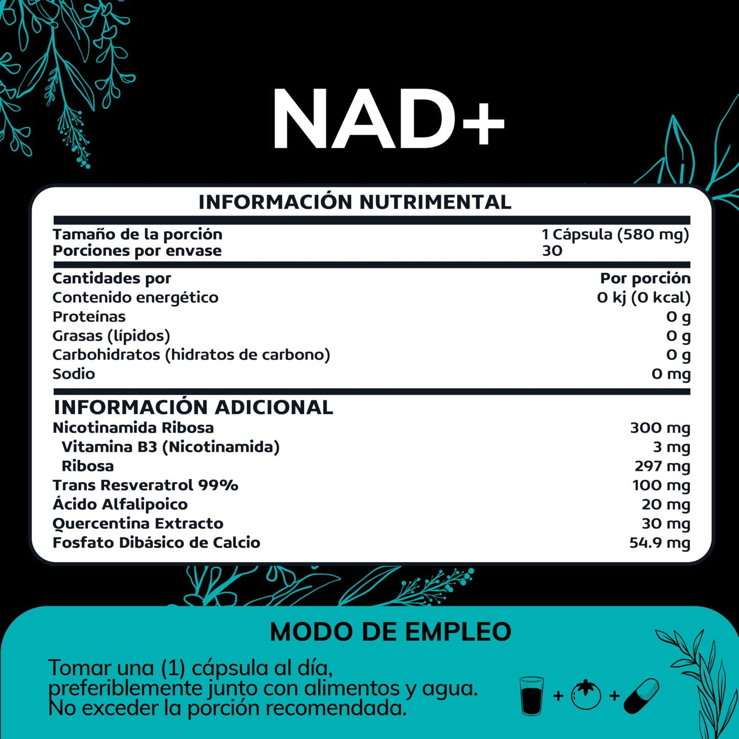 Suplemento NAD+ Quotidien con Nicotinamida Ribosa, Trans-Resveratrol, Ácido Alfa Lipoico y Quercetina