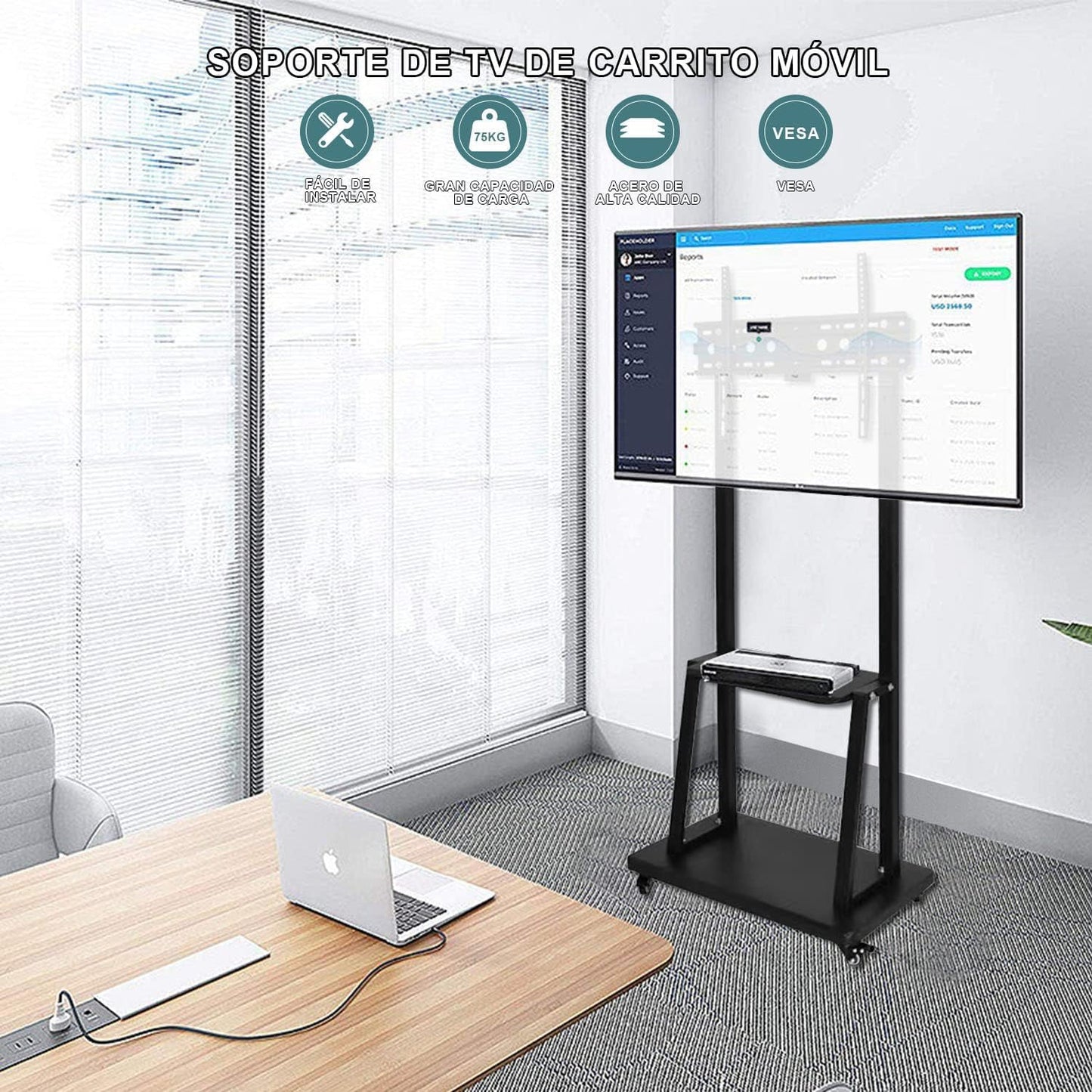 LINK BITS C3275N41 Soporte de TV móvil con Ruedas para televisores 32" a 75", Base para Pantalla de Piso, Giratorio con Dos repisas para monitores de hasta 75kg y VESA de hasta 600x400mm.