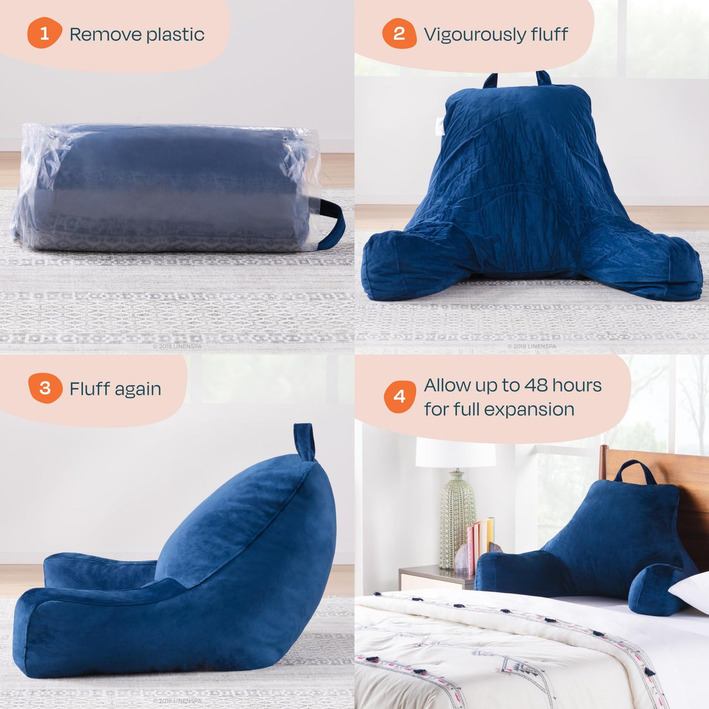Linenspa - Almohada de Lectura con Memory Foam en Trozos - Cojín para Leer o Descansar - Soporte para Espalda - Para Niños o Adultos - Tamaño Estándar - Color Azul Marino