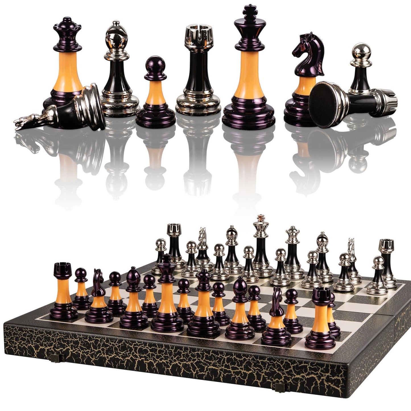 BIVOMON - Juego de ajedrez de madera plegable de 16 pulgadas, color negro y blanco, piezas de ajedrez acrílico con peso de lujo con ranuras de almacenamiento para adultos y niños, regalo grande