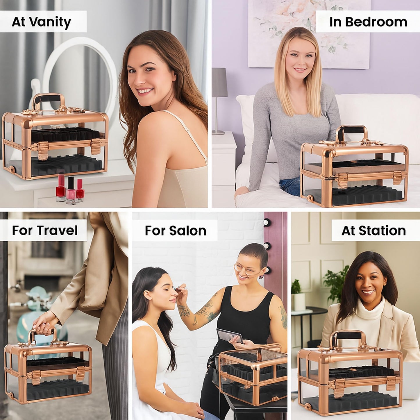 Ver Beauty Rose gold acrylic armored easy slide tray professional cosmetic makeup nail case with foundation holder - vp014, Rose Gold Acrylic