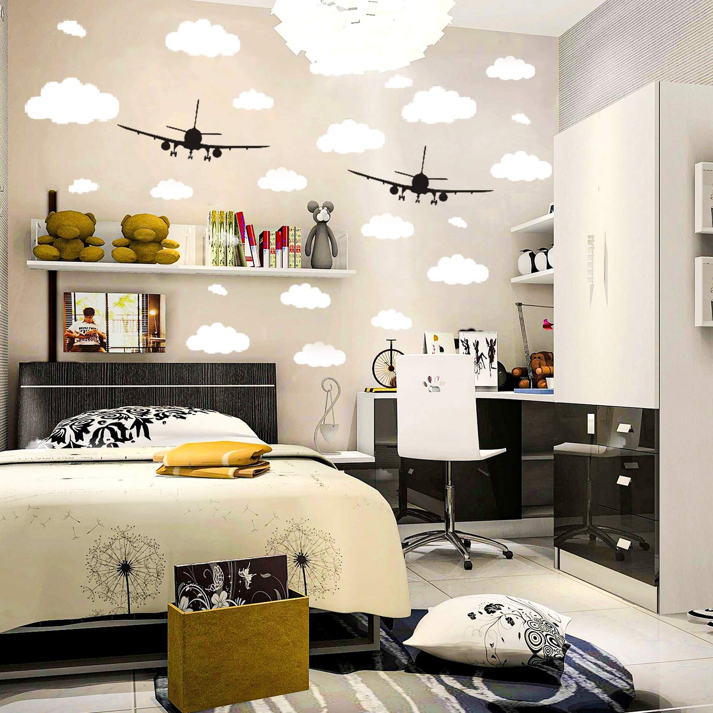 31 piezas de calcomanías de nubes para pared y 2 piezas de aviones negros decorativos para pared para habitación de bebé y niños, calcomanías de pared de nubes removibles de vinilo CUNYA para