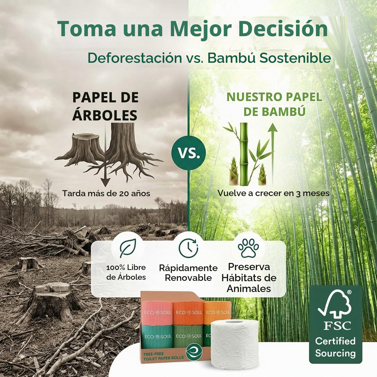 Papel Higiénico ECO SOUL Bambú 3 Capas Compostable y Certificado FSC