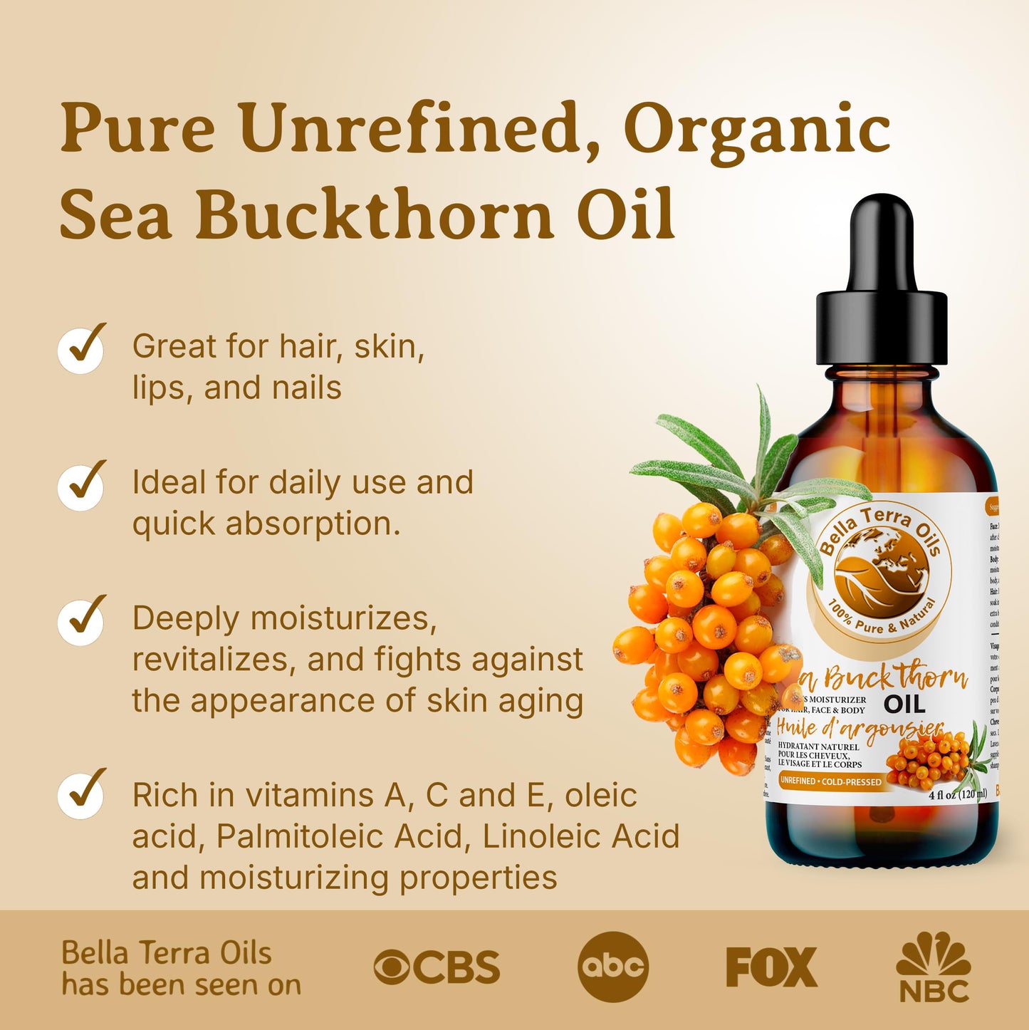 NEW Sea Buckthorn Oil. 4oz. Cold-pressed. Unrefined. Organic. 100% Pure. Non-comedogenic. Hexane-free. Relieves Symptoms of Eczema, Psoriasis, Acne. Natural Moisturizer. For Hair, Skin, Stretch Marks.