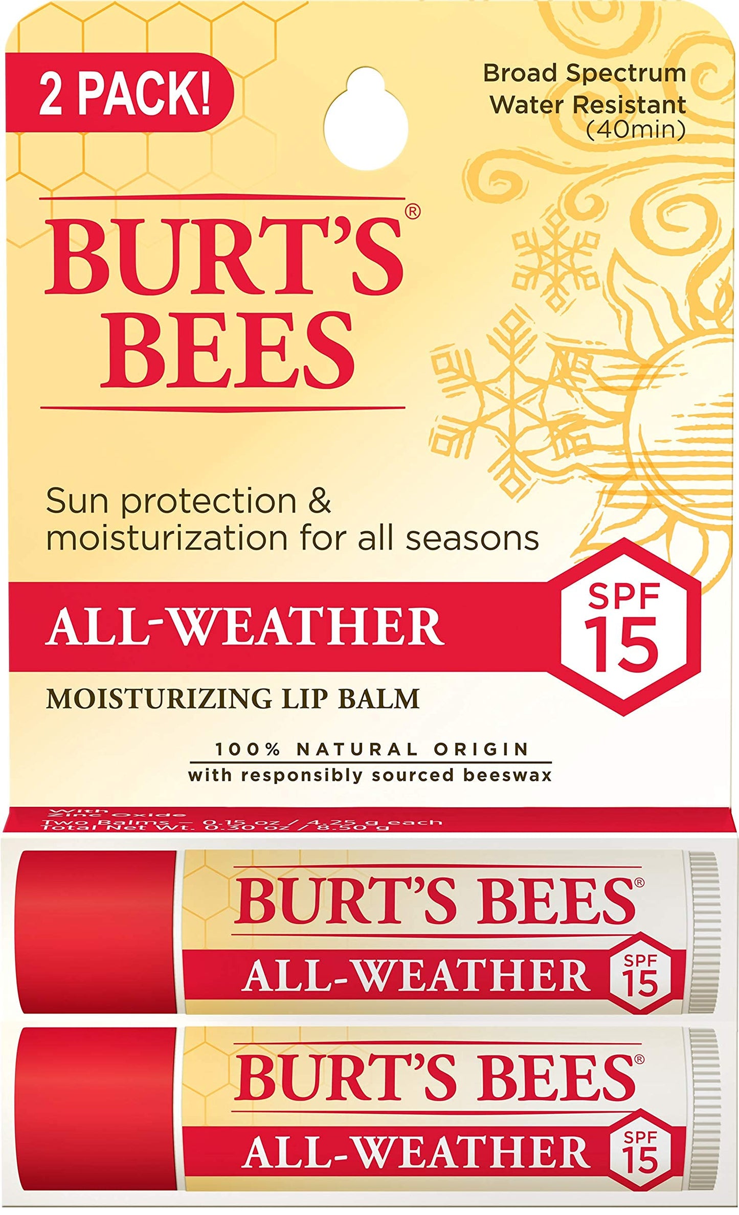 Burt's Bees 100% Natural All-Weather SPF15 Moisturizing Lip Balm, 2 Count