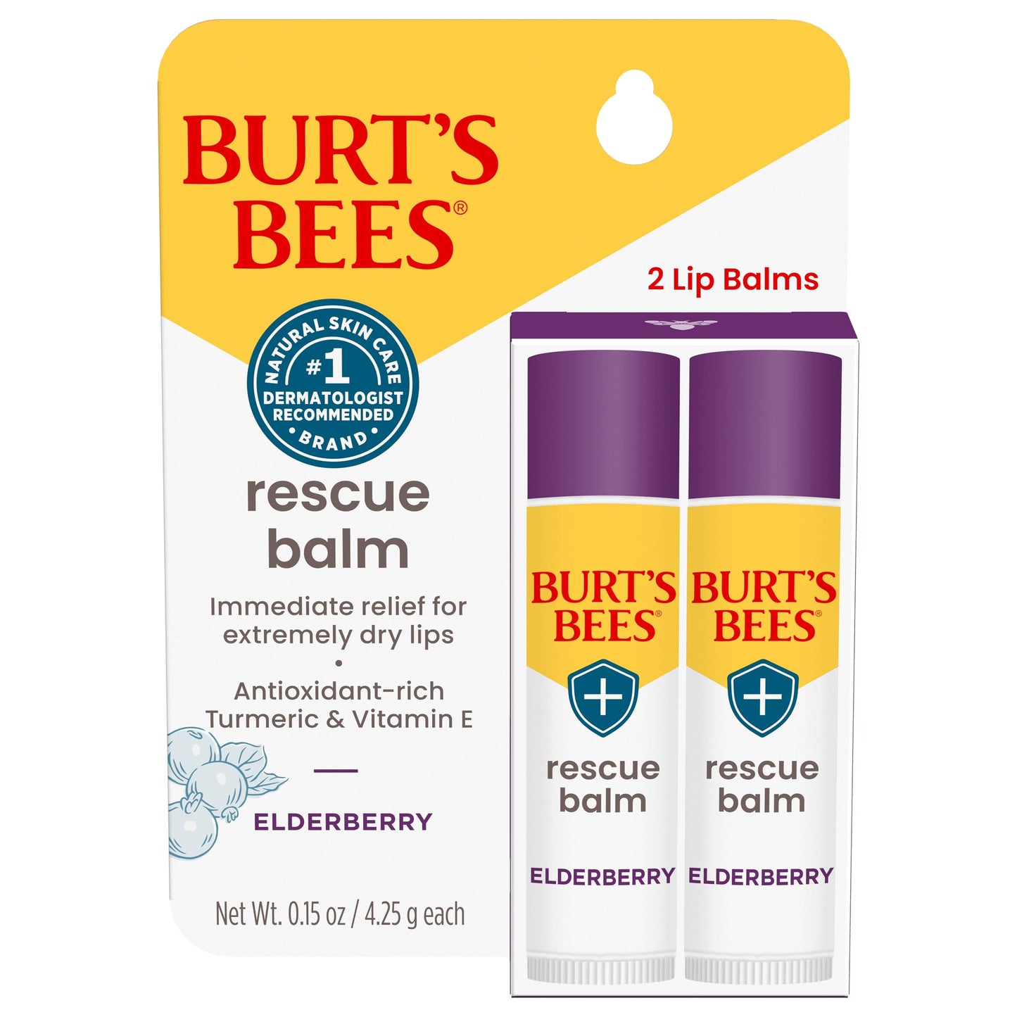 Burt's Bees 100% Natural Origin Rescue Lip Balm with Beeswax and Antioxidant-Rich Elderberry, 2 Tube in Blister Box, Package May Vary, Purple, 0.15 Oz