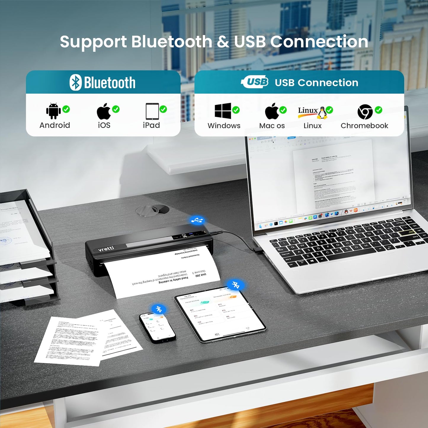 Vretti Impresora portátil inalámbrica para viajes, impresora sin tinta PB821, impresoras térmicas móviles A4, compatible con teléfono y portátil, compatible con 8.5 x 11 letras de EE. UU., etc. para