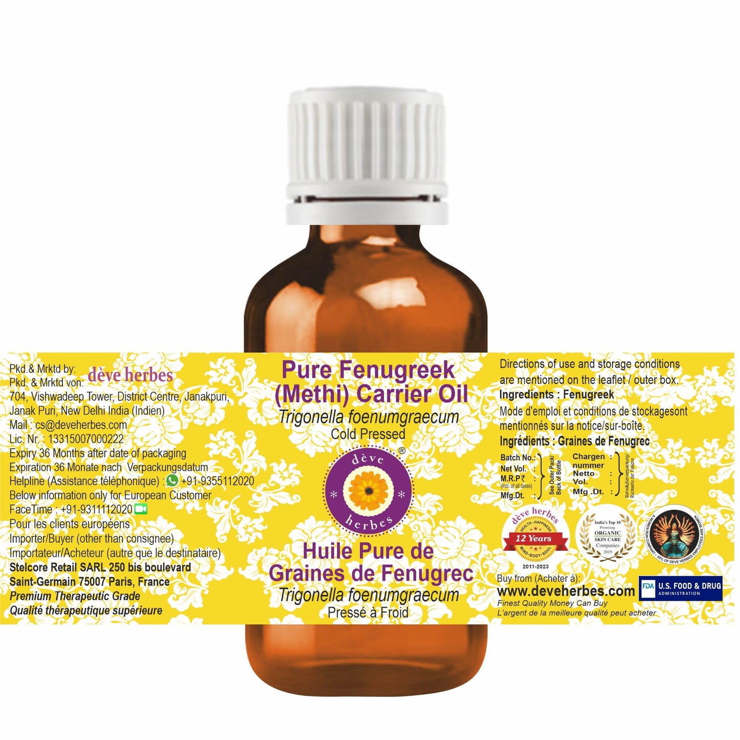 Deve Herbes Aceite portador de fenogreco puro (Methi) (Trigonella foenumgraecum) 100% natural de grado terapéutico prensado en frío (15 ml (0.5 oz) con cuentagotas de plástico Euro)