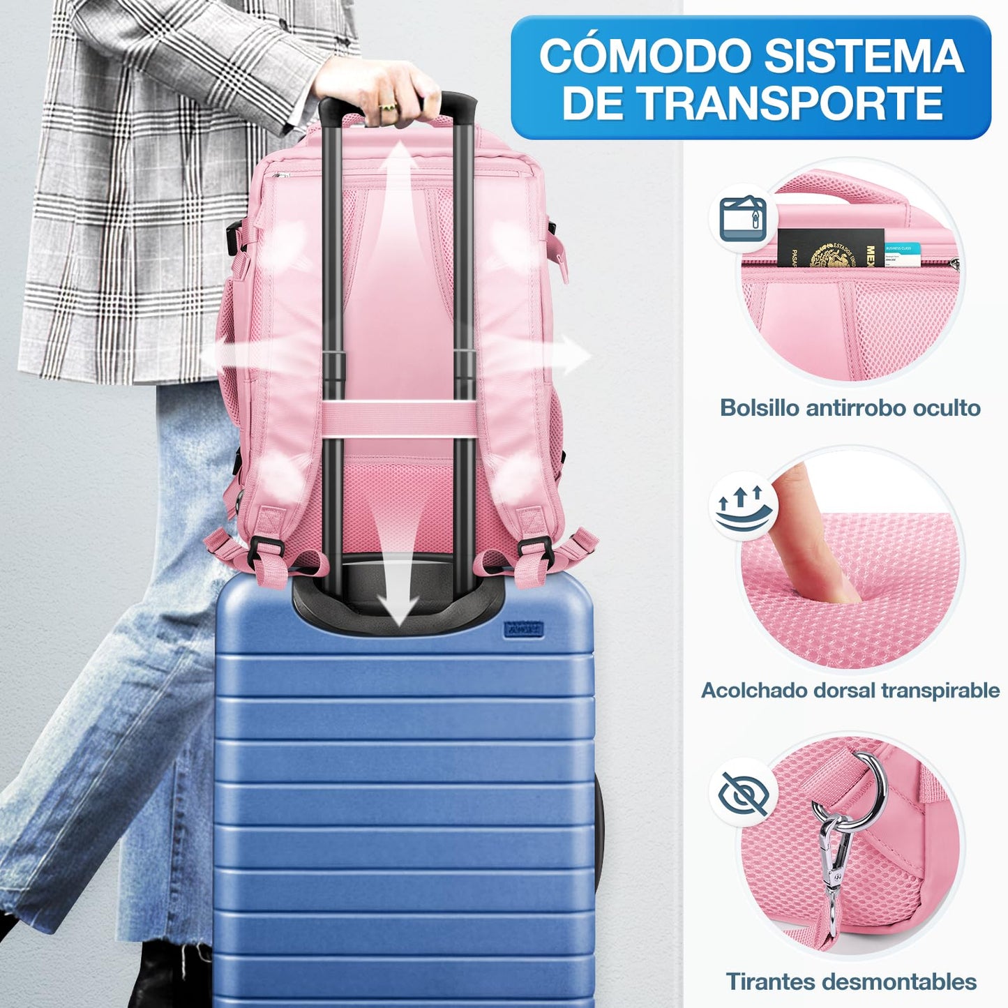 Mochila de Viaje Expandible Aéreo Impermeable Rosa para Laptop de Negocios para Hombres y Mujeres