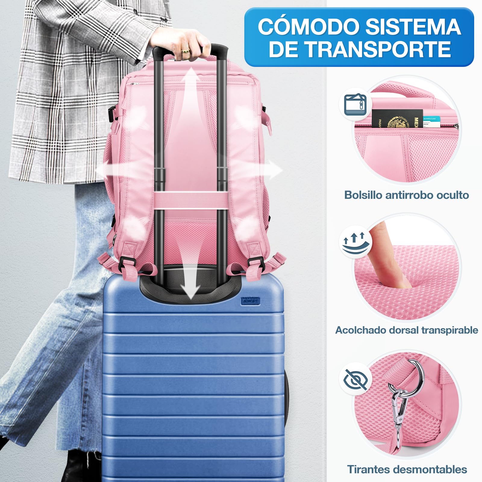 Mochila de Viaje Expandible Aéreo Impermeable Rosa para Laptop de Negocios para Hombres y Mujeres