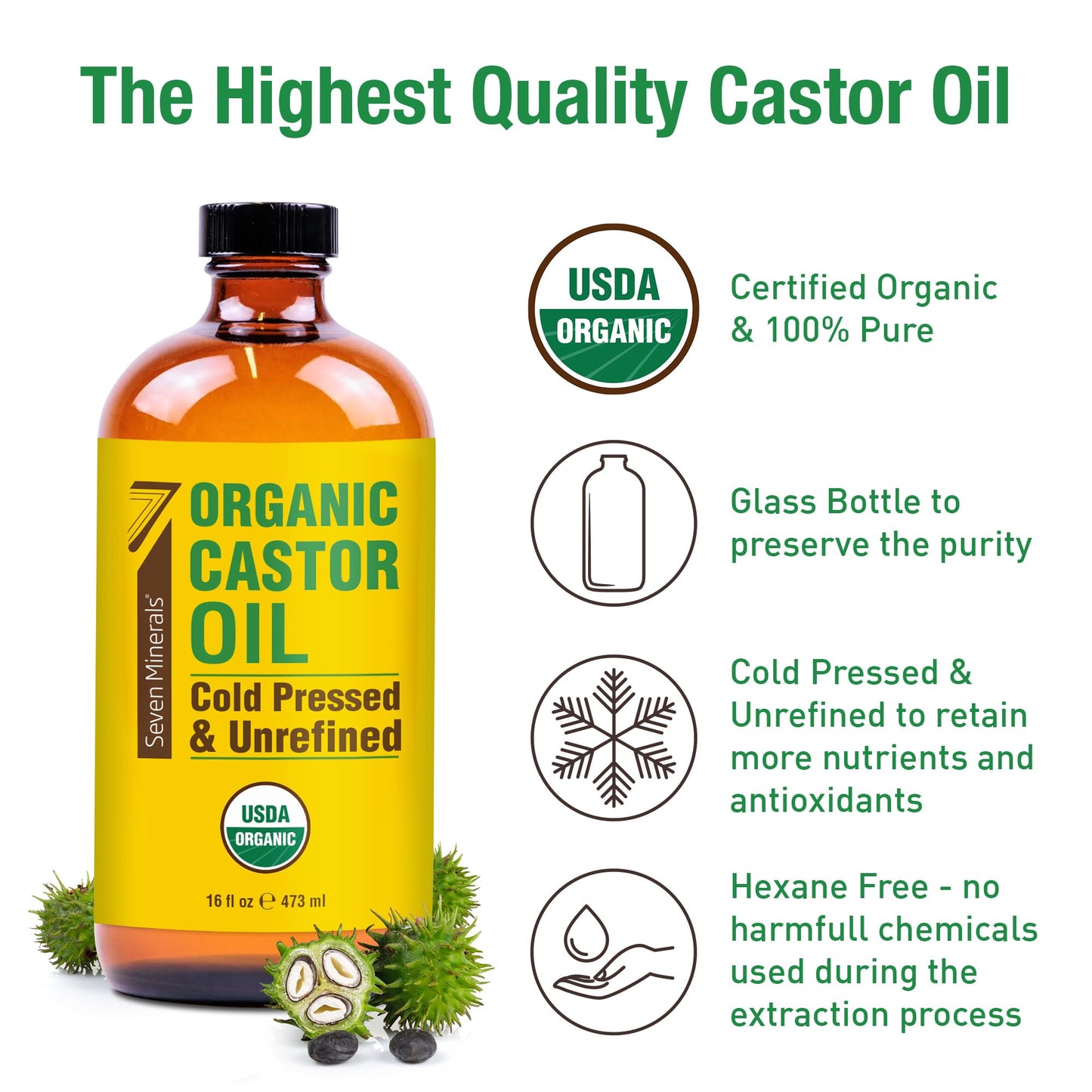 Lingtoolator ls NEW 16 fl oz Glass Bottle Castor Oil Organic Cold Pressed Unrefined Glass Bottle Pack - 100% Pure USDA Certified Organic Hexane Free