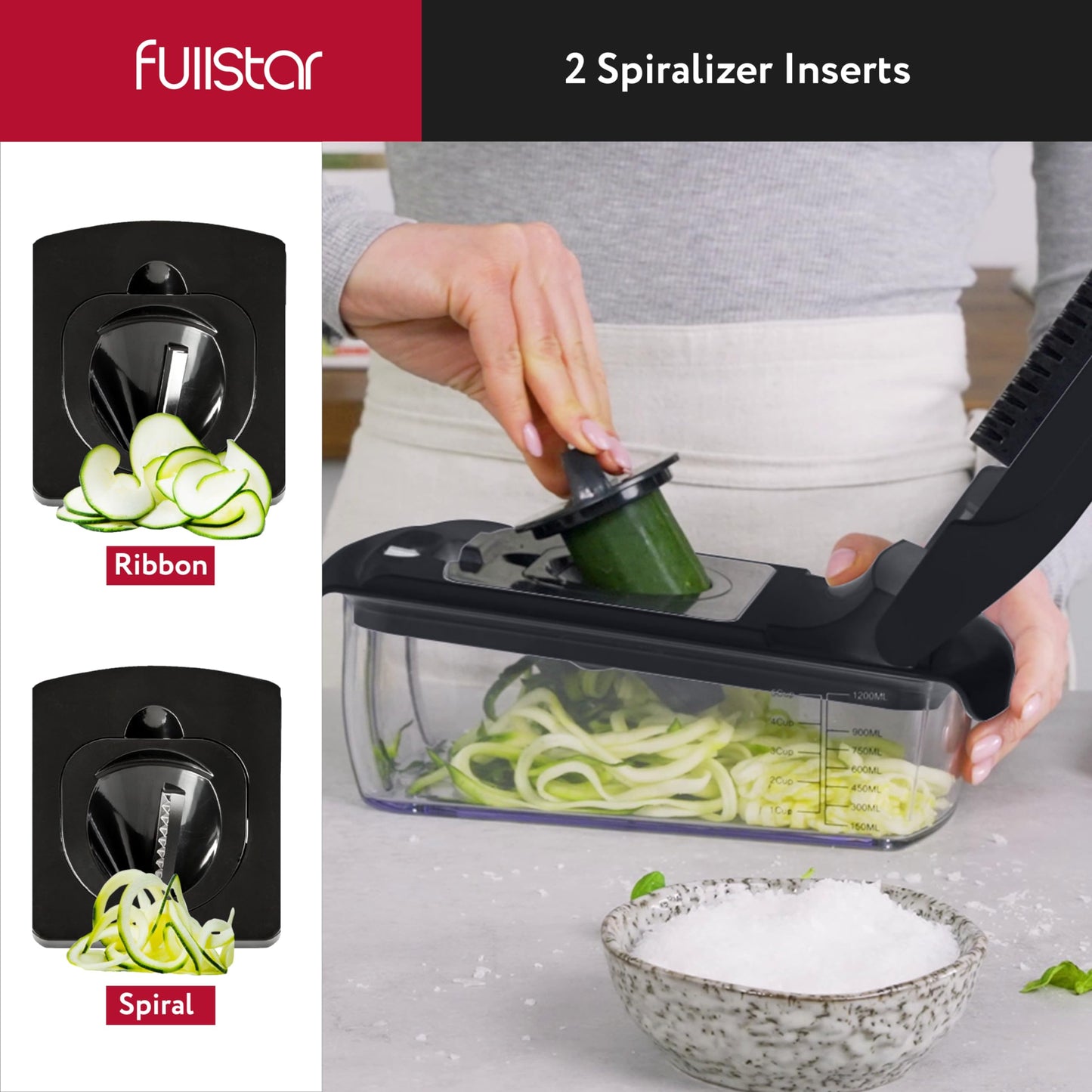 Fullstar - Picador de verduras y espiralizador - Picador de alimentos con contenedor, rebanador de frutas, utensilios de cocina y accesorios, esenciales para el hogar (8 en 1, negro)
