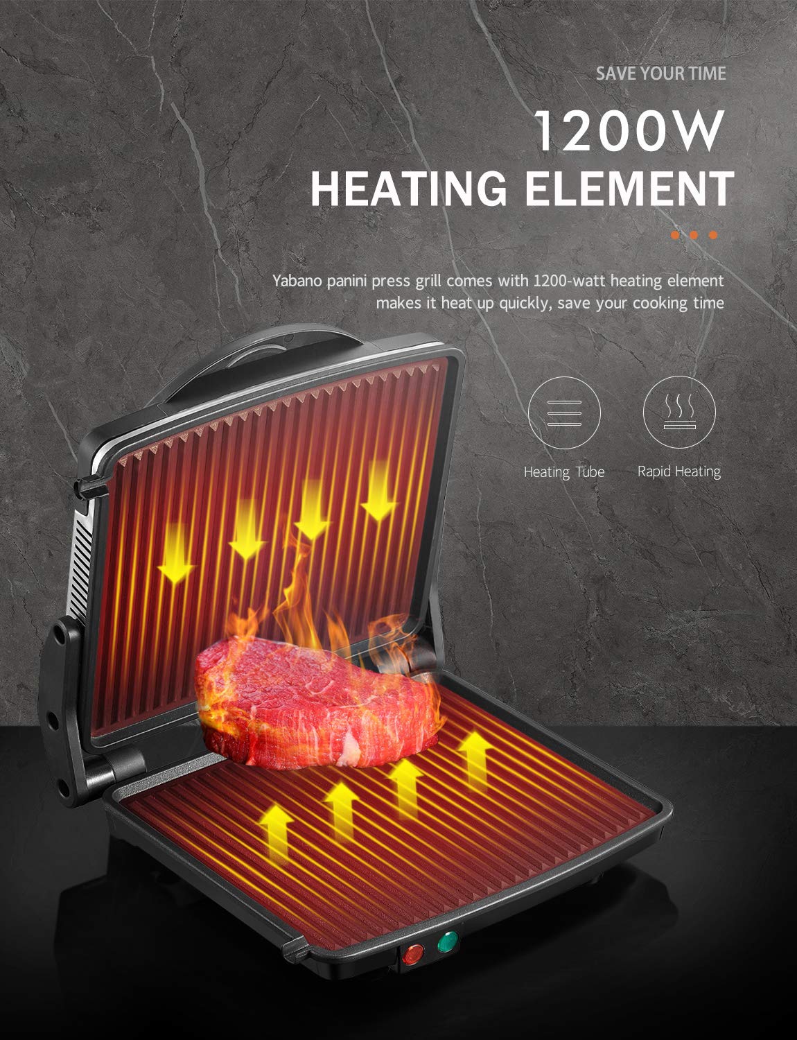 Sandwichera Eléctrica Yabano Negro Acero Inoxidable Placas Antiadherentes 180 Grados