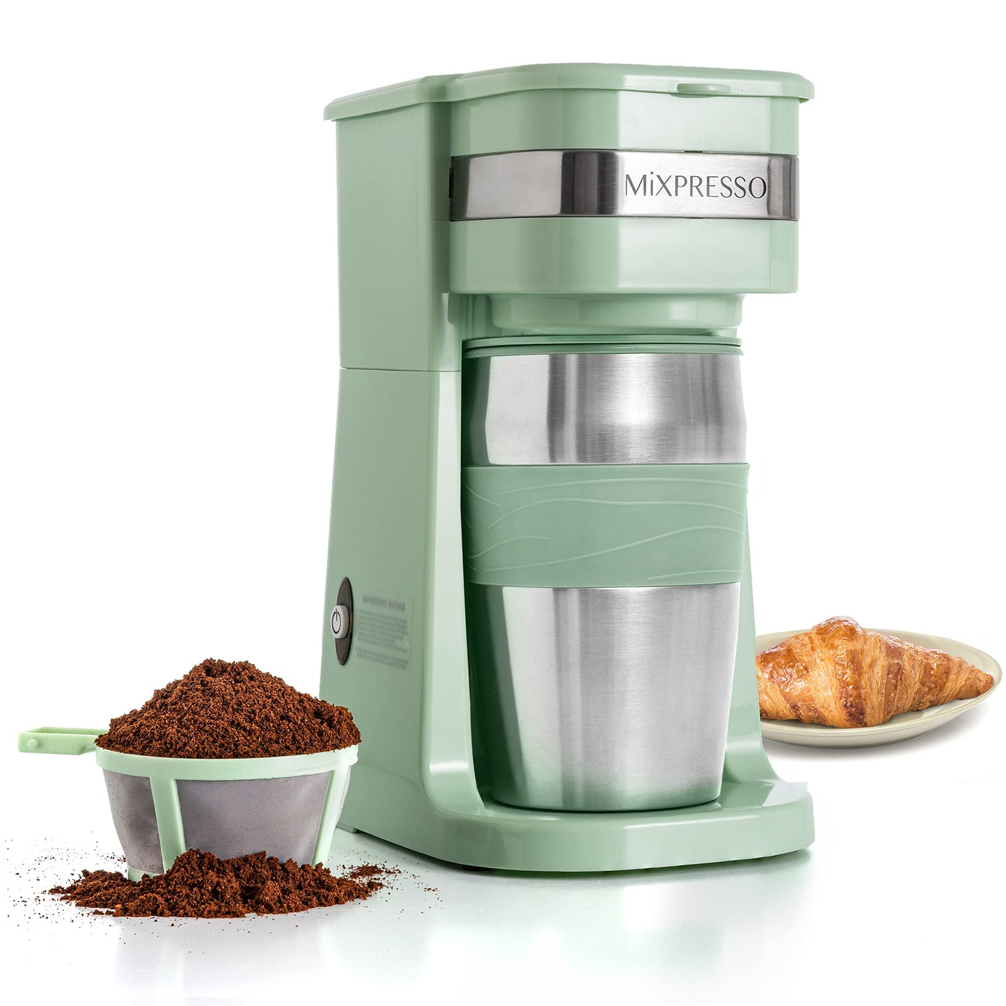 Mixpresso - Cafetera personal de una sola porción y taza de viaje de 14 onzas, cafetera de goteo y vaso, apagado automático y filtro reutilizable, cafetera verde pequeña, compatible con posos de café
