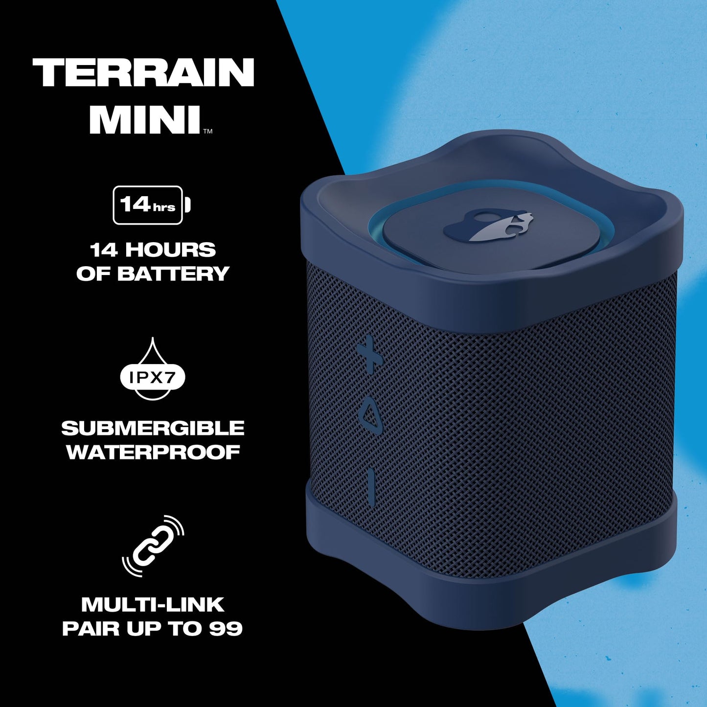 Skullcandy Terrain Mini Altavoz inalámbrico Bluetooth – Altavoz portátil Impermeable IPX7 con radiadores pasivos Personalizados duales, batería de 14 Horas, muñequera de Nailon y estéreo inalámbrico