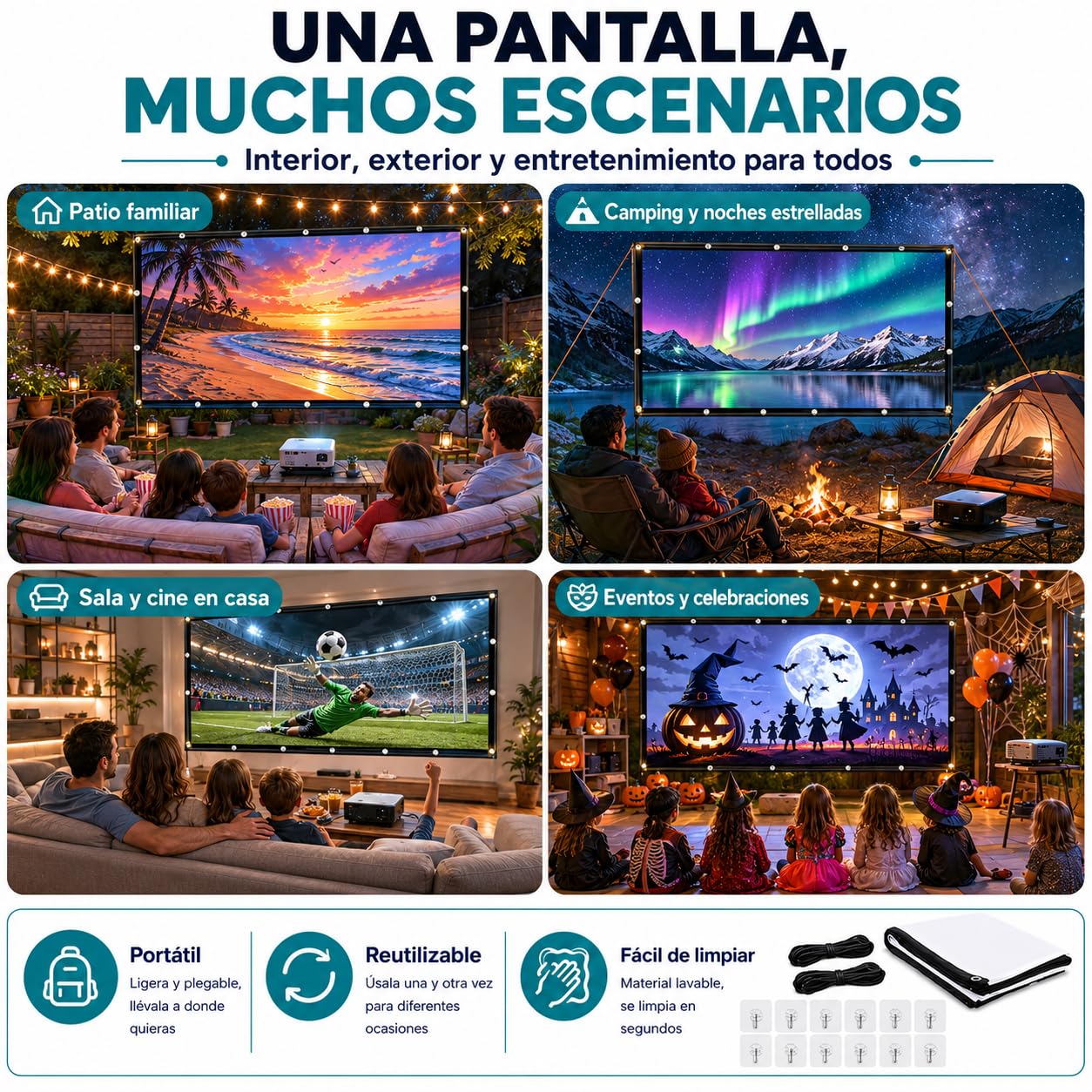 TPOUIDD Visualización de Proyector de 100 Pulgadas, Pantalla de Proyeccion Portátil Plegable HD 16:9, Resistente a Las Arrugas, Apta para Uso en Exteriores, Interiores y Cine en Casa (100 Pulgadas)