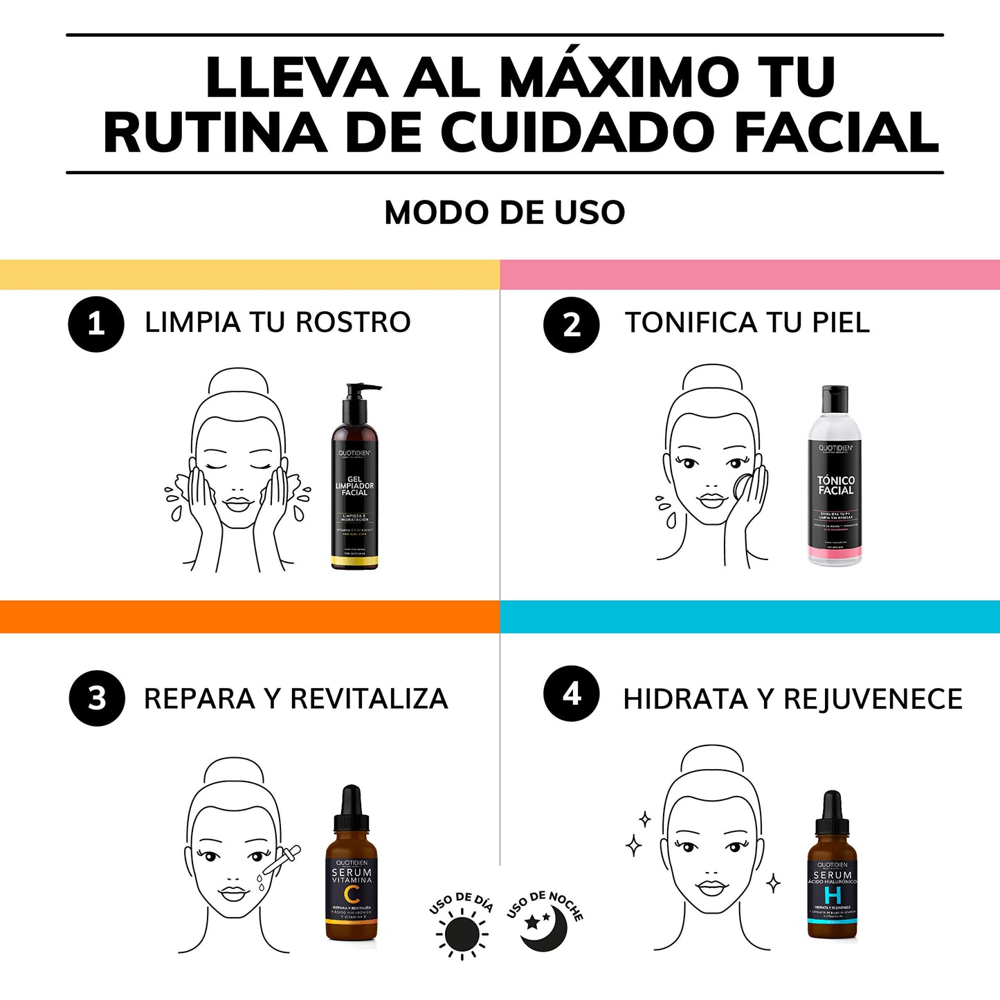 Kit 4 Pasos Quotidien: 1 Limpiador Facial 235 ml + 1 Tónico Facial 350 ml + 1 Serum Vitamina C 30ml + 1 Serum Ácido Hialurónico 30ml | Skincare Kit con Ingredientes Naturales - Limpia Profundamente, Equilibra el Ph, Cierra Poros, Aclara, Mejora la Textura